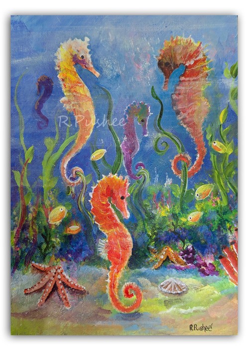 ORIGINAL Acrylic Painting on canvas panel board, Colorful seahorses, sea life