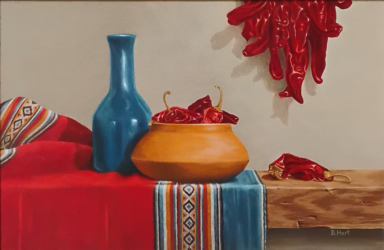 Original Southwestern Oil Painting on Canvas-Red & Blue-Chili Peppers-Handmade