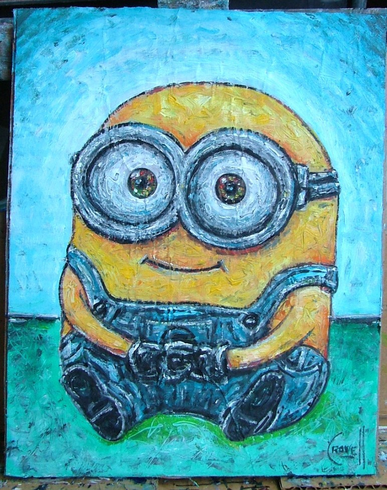 HAPPY Minion Movie funny new original 8×10 card panel oil painting by Crowell