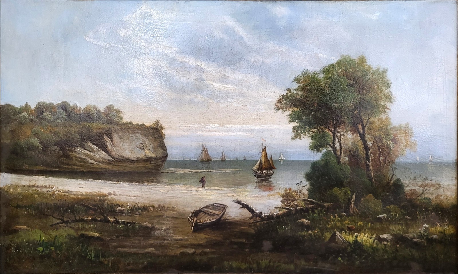 X-Large ANTIQUE Gilt Framed 19th C SEASCAPE Coastal SAILBOAT Scene OIL PAINTING