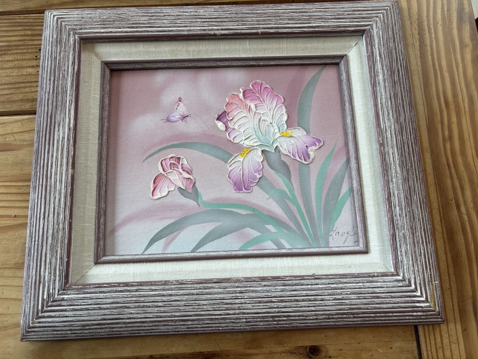 VINTAGE 1980s PATEL IRIS & BUTTERFLY IMPASTO TEXTURED PAINTING SIGNED LANGLEY