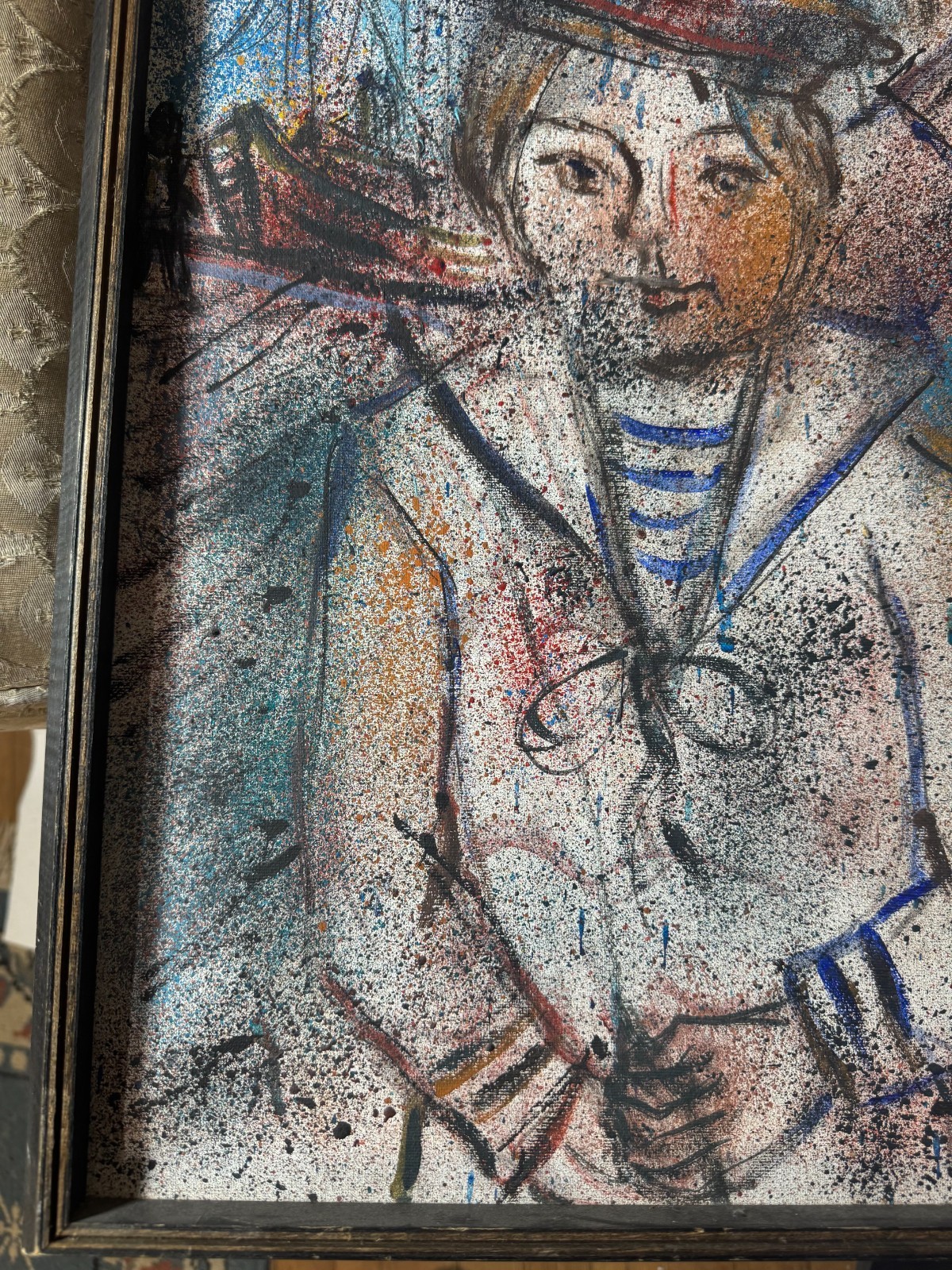Vintage Modernist Figural Acrylic On Canvas Mother Child Portrait Framed 25.5”