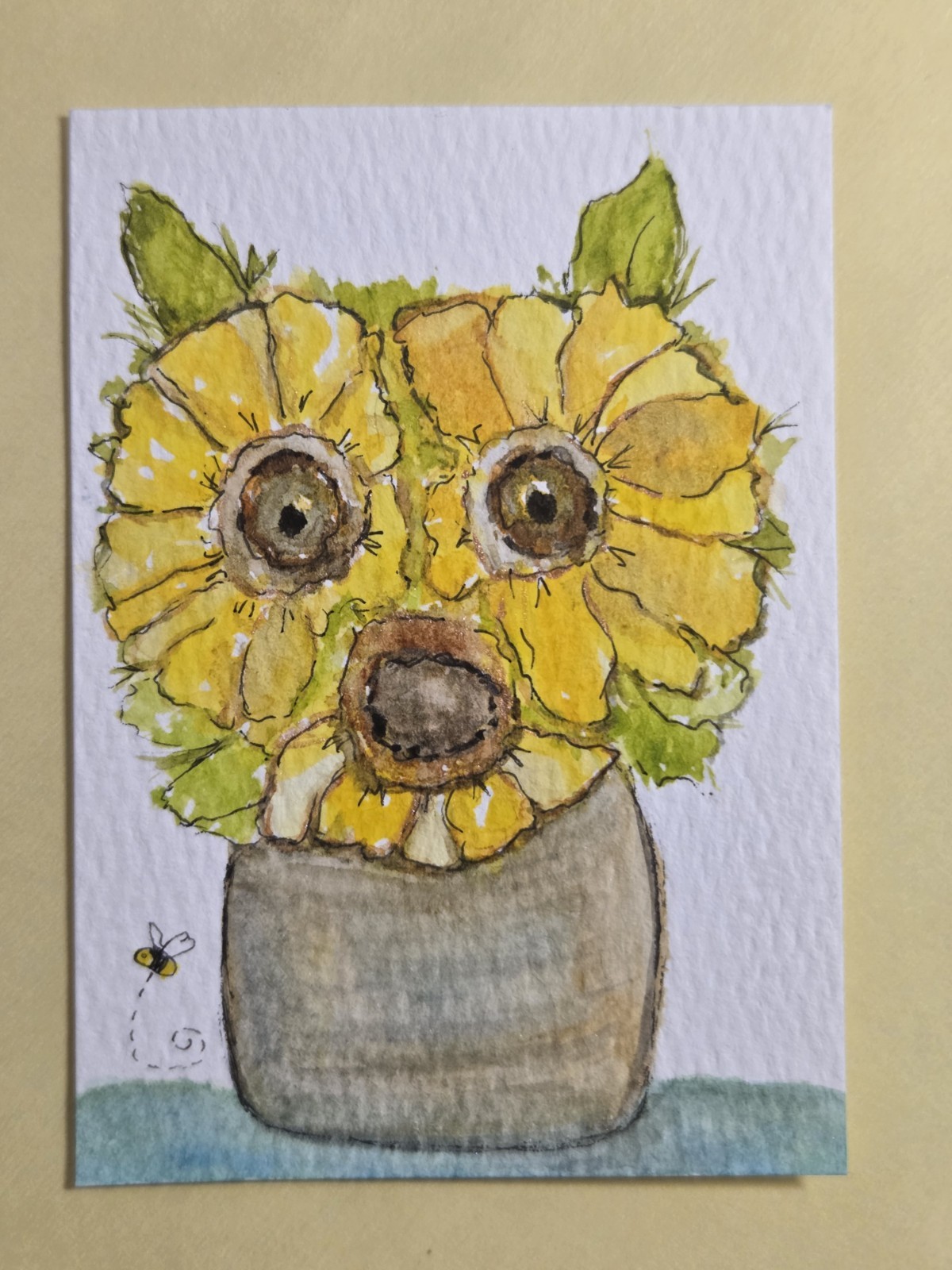 ACEO Original Whimsical Folk Art 2.5×3.5 The Sunflower Terrier Dog Painting