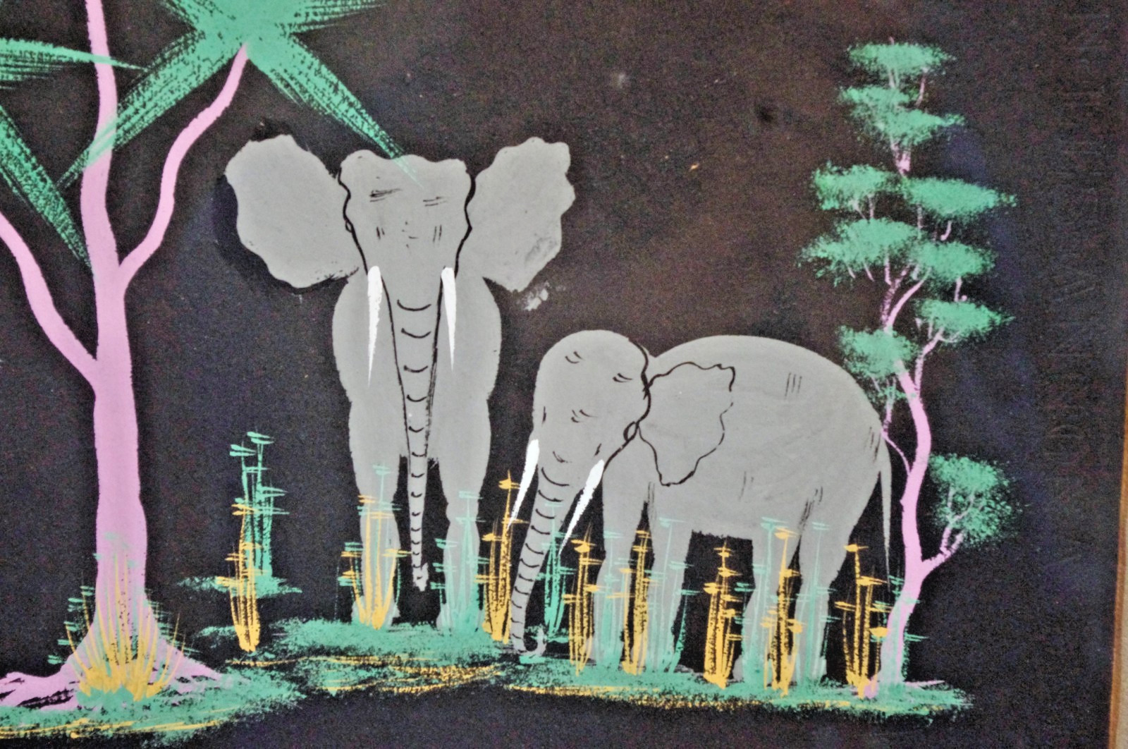 Vintage AfricanFolk Art- Framed Signed De Noppens- Elephants Congo c1950s
