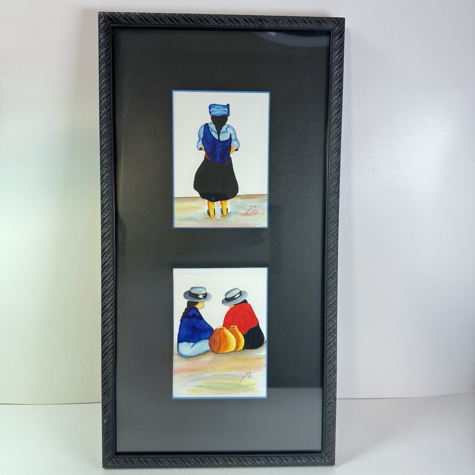 Vintage Latin American Watercolor Signed Javier ‘95 Framed Under Glass (2 In 1)