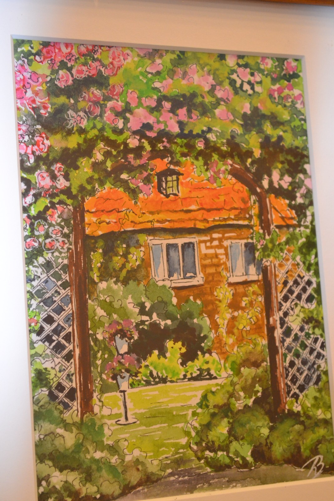 ORIGINAL WATERCOLOR, overall size 10 3/4 x 13 3/4, Lattice, garden, framed(72)