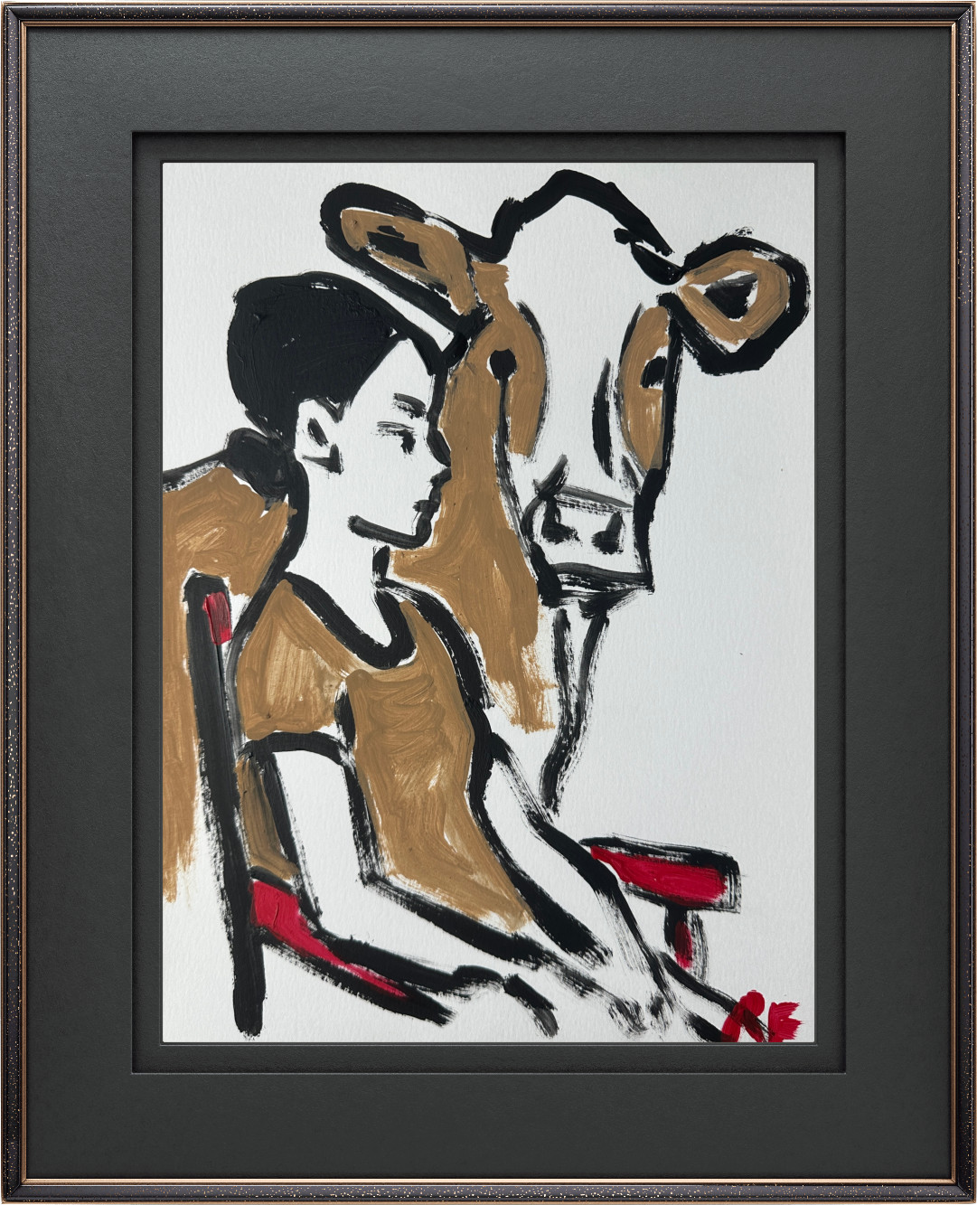 Woman With Cow Painting Original Acrylic Portrait Art Outsider Style 9×12