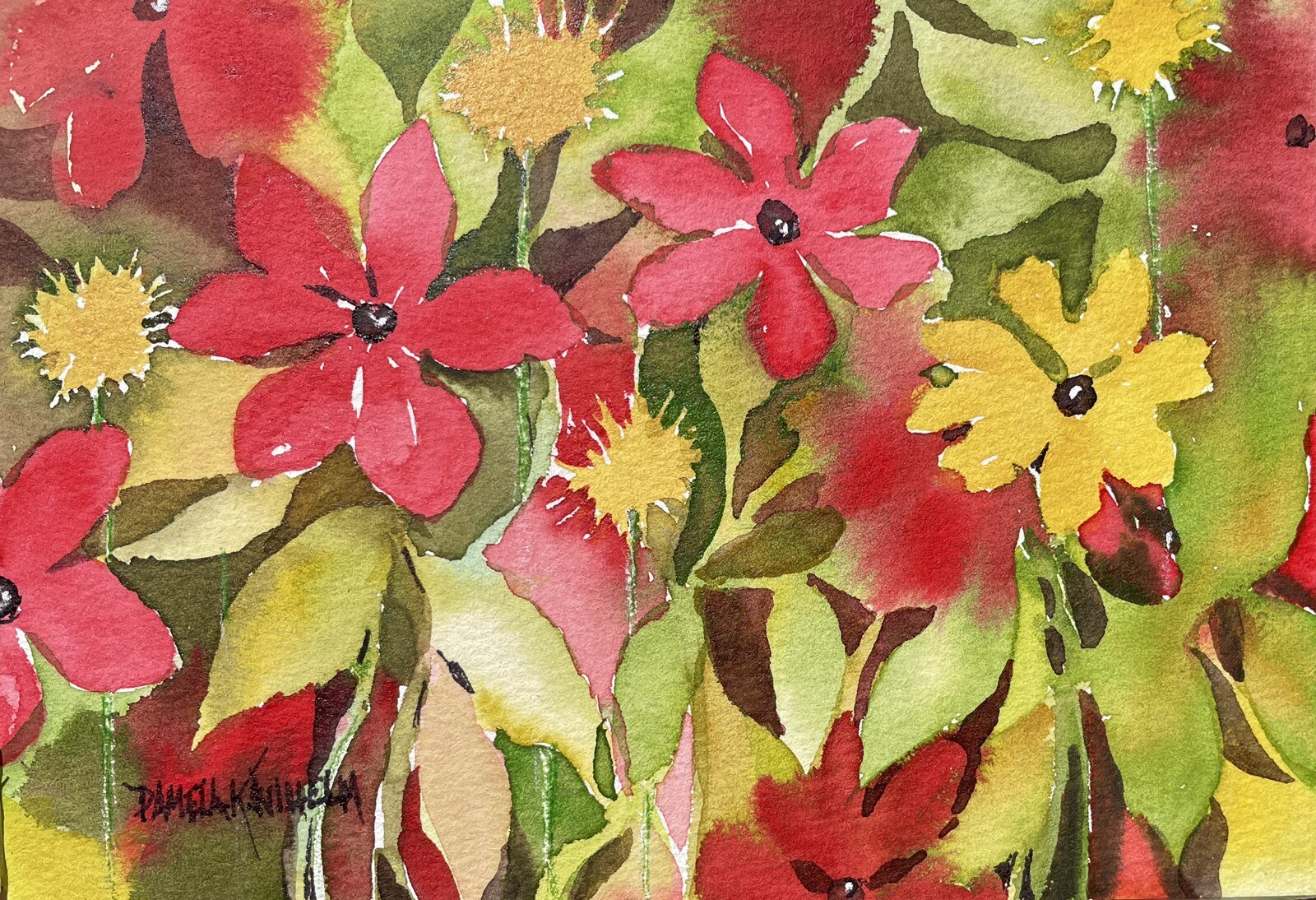 5”X 7” Original Watercolor Pamela Wilhelm Bold Tropical Floral Reds Greens