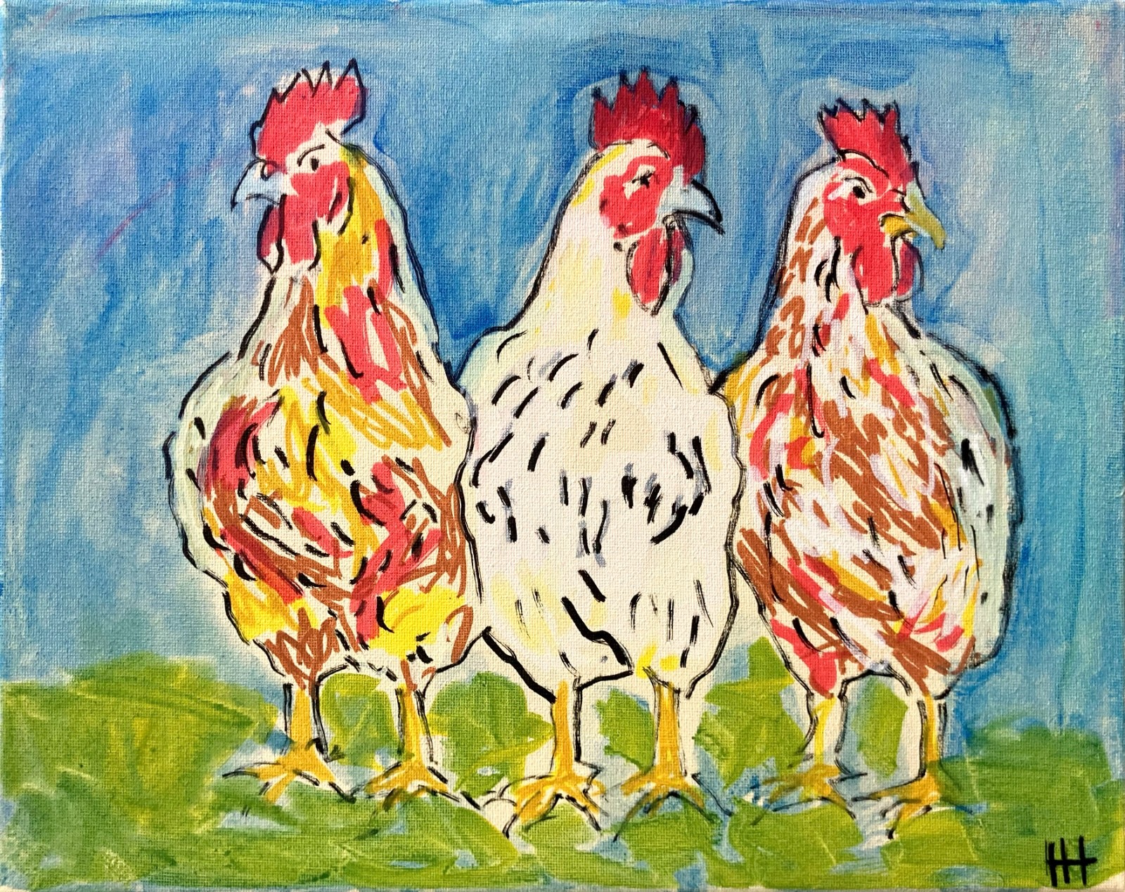 Original Expressionist Chickens Acrylic 11×14 Canvas Painting, Holly Hammond