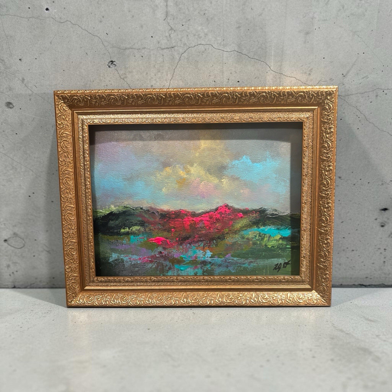 Original Bold Colorful Modern Abstract Mountain Landscape Painting | Framed 8×10