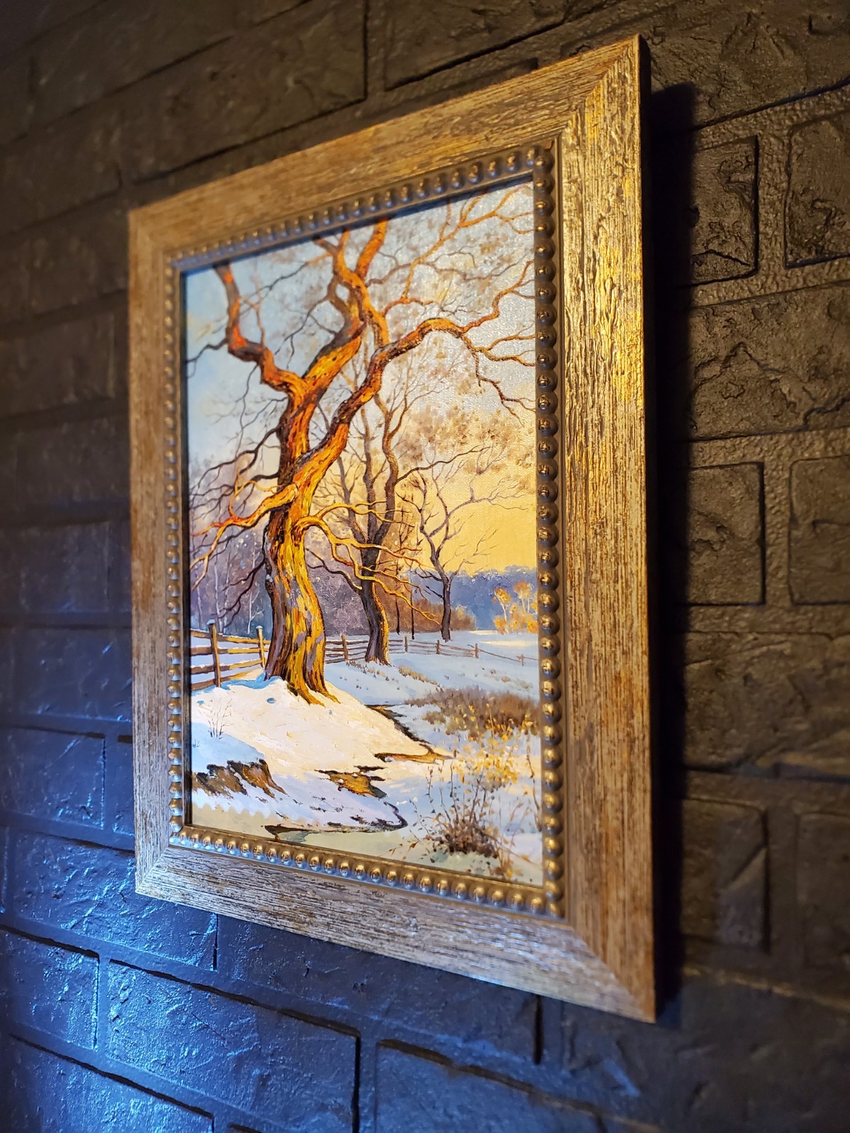 Original Oil Art Framed winter landscape painting with trees and bright blue sky