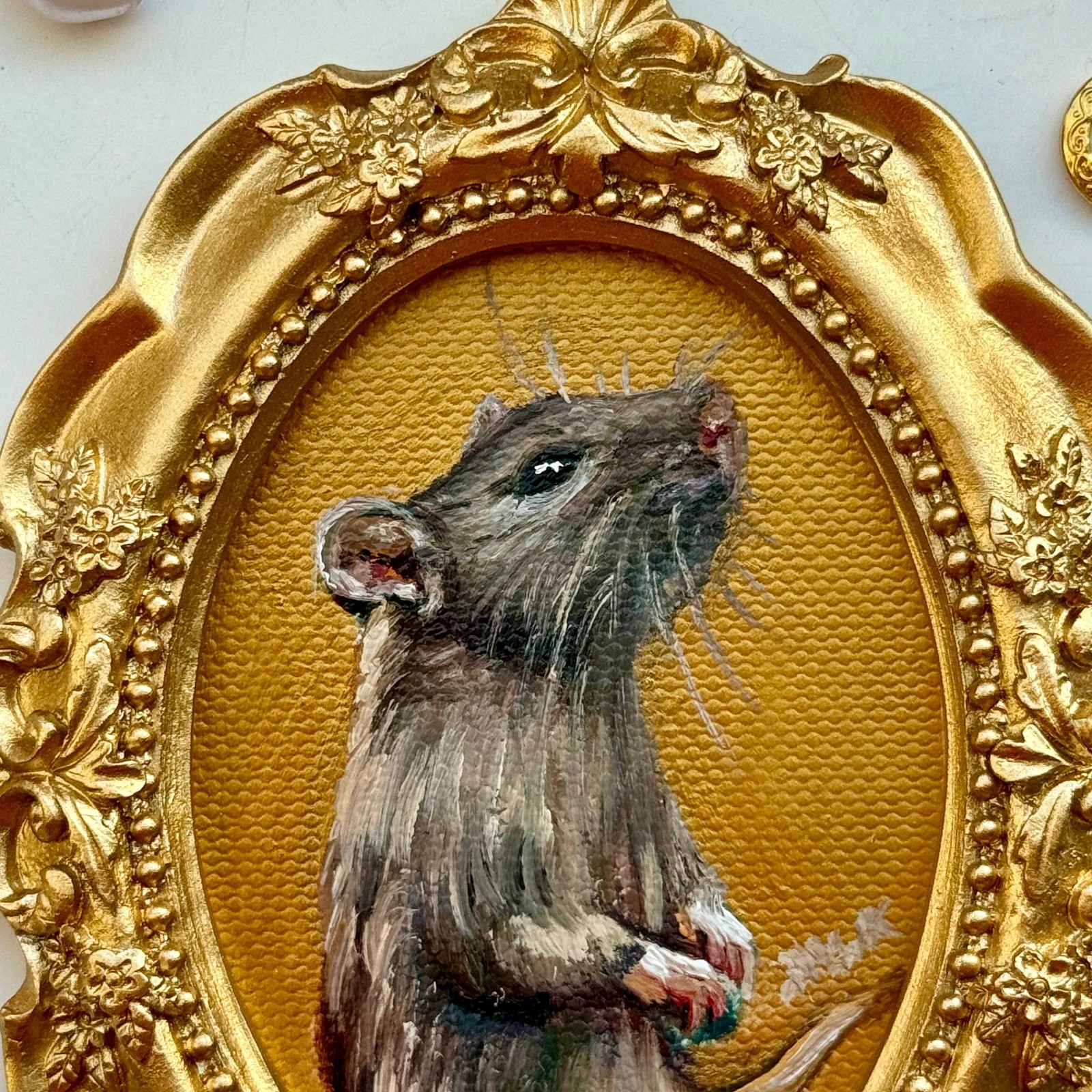 tiny oil painting original rat gold framed antique dark academia Victorian small
