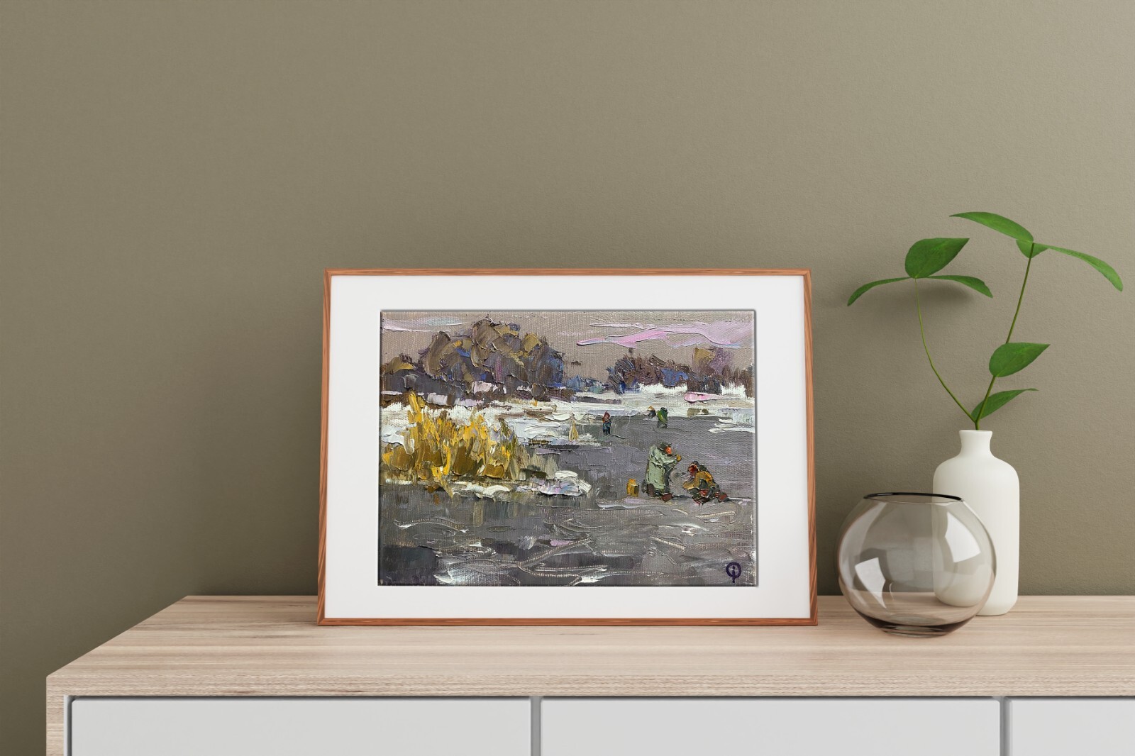 Oil Painting Winter Fishing O. Kalenyuk Unframed Original Decor Art nKalen1288