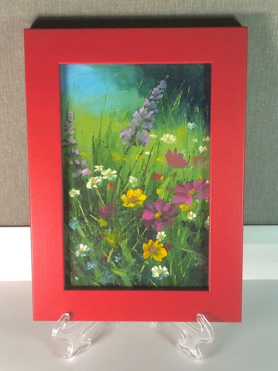 Original Oil Painting Frame Summer Meadow Flowers Miniature 4×6 in Signed