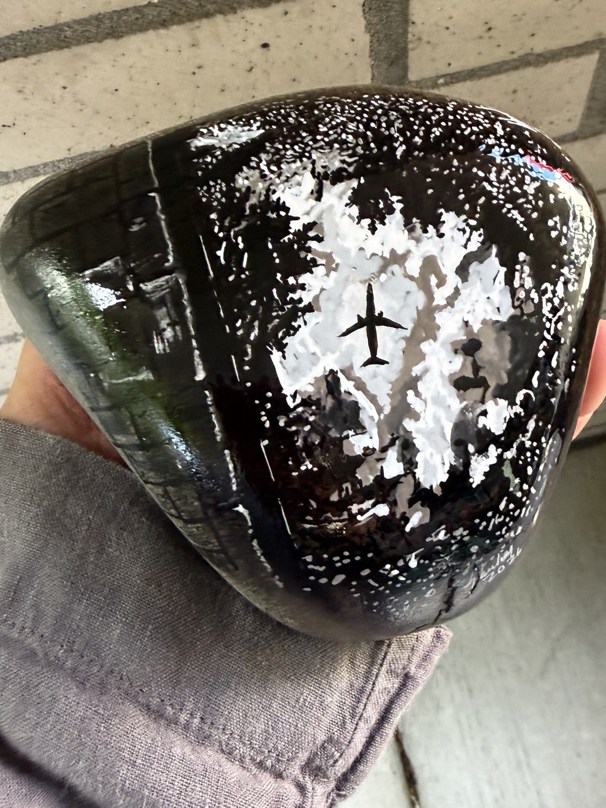 Airplane Reflection Art Hand Painted On A Rock Approx 5” X 5” X 2 1/2”