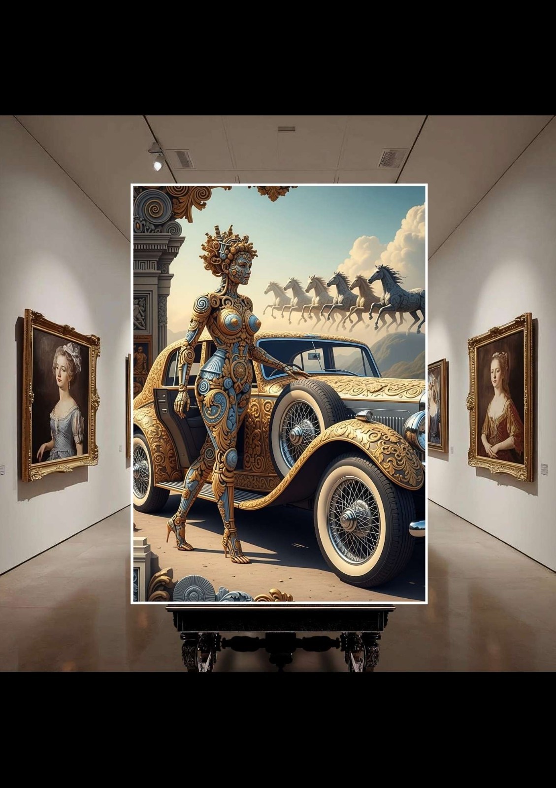 A work of art on canvas, a woman in architecture and ornamentation 59 x 84cm