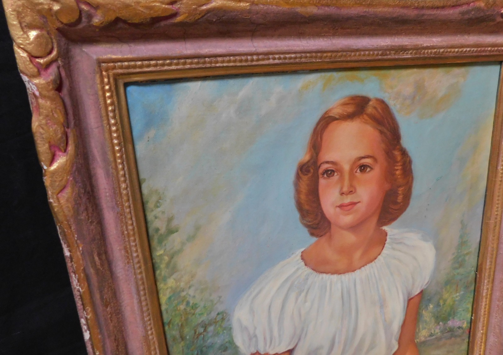 1940’s 50’s Portrait Oil Painting Of Young Lady NEO CLASSICAL GOLD FRAME 30 x 25