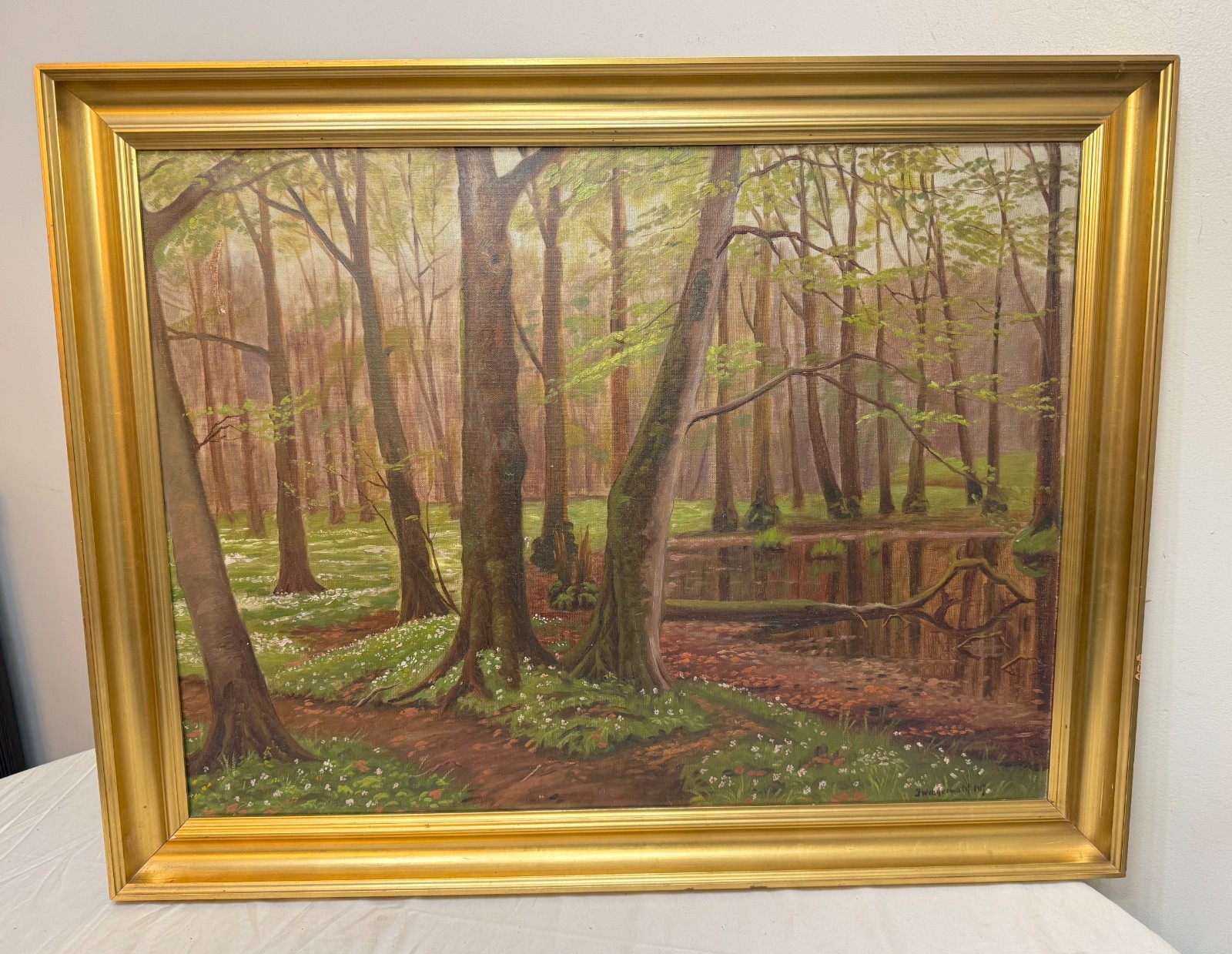 Large antique 1919 original Finn Wennerwald landscape marsh woods trail painting