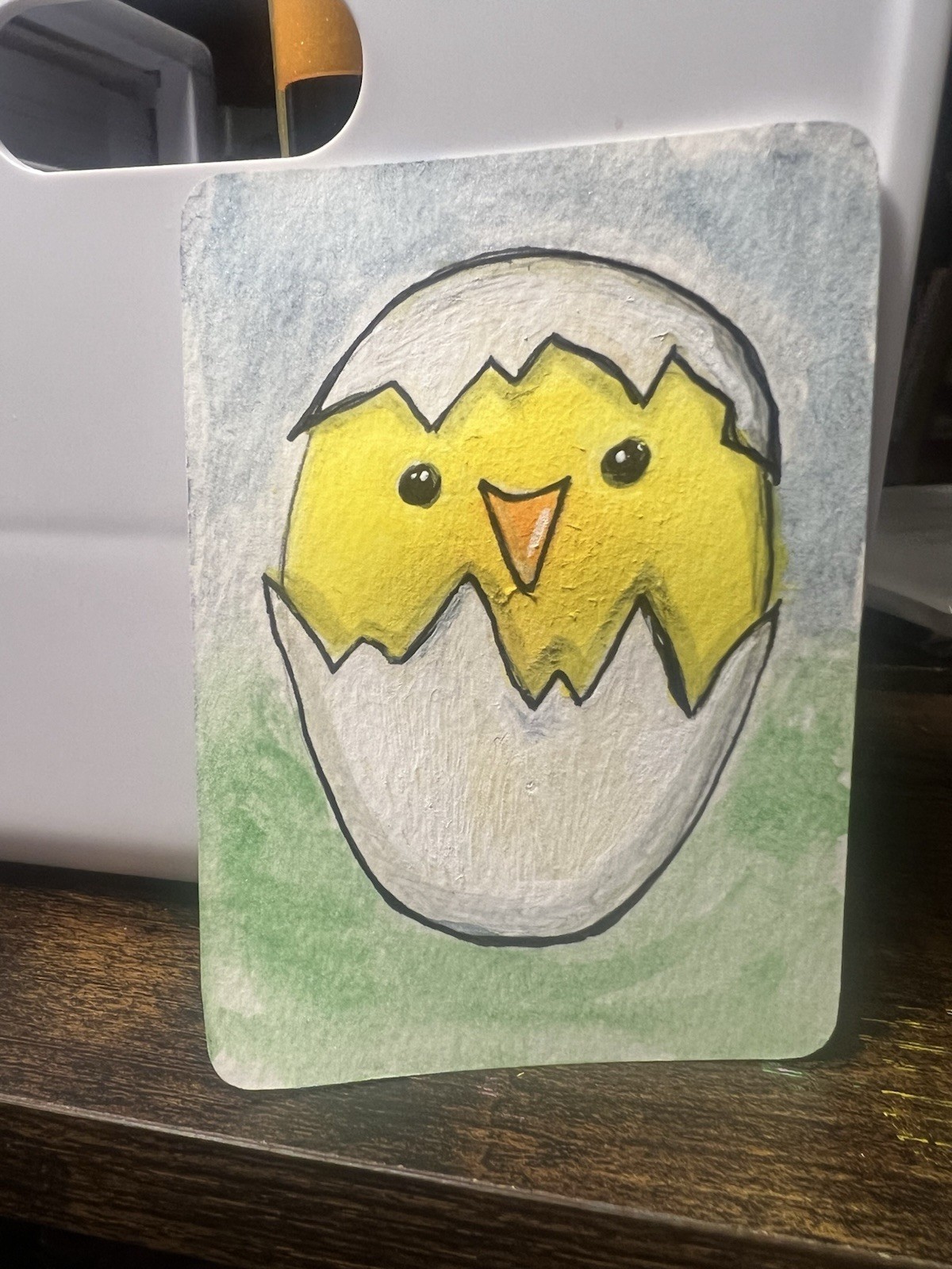 ACEO Art Card Signed 2.5×3.5 Hatching Chick Egg Yellow