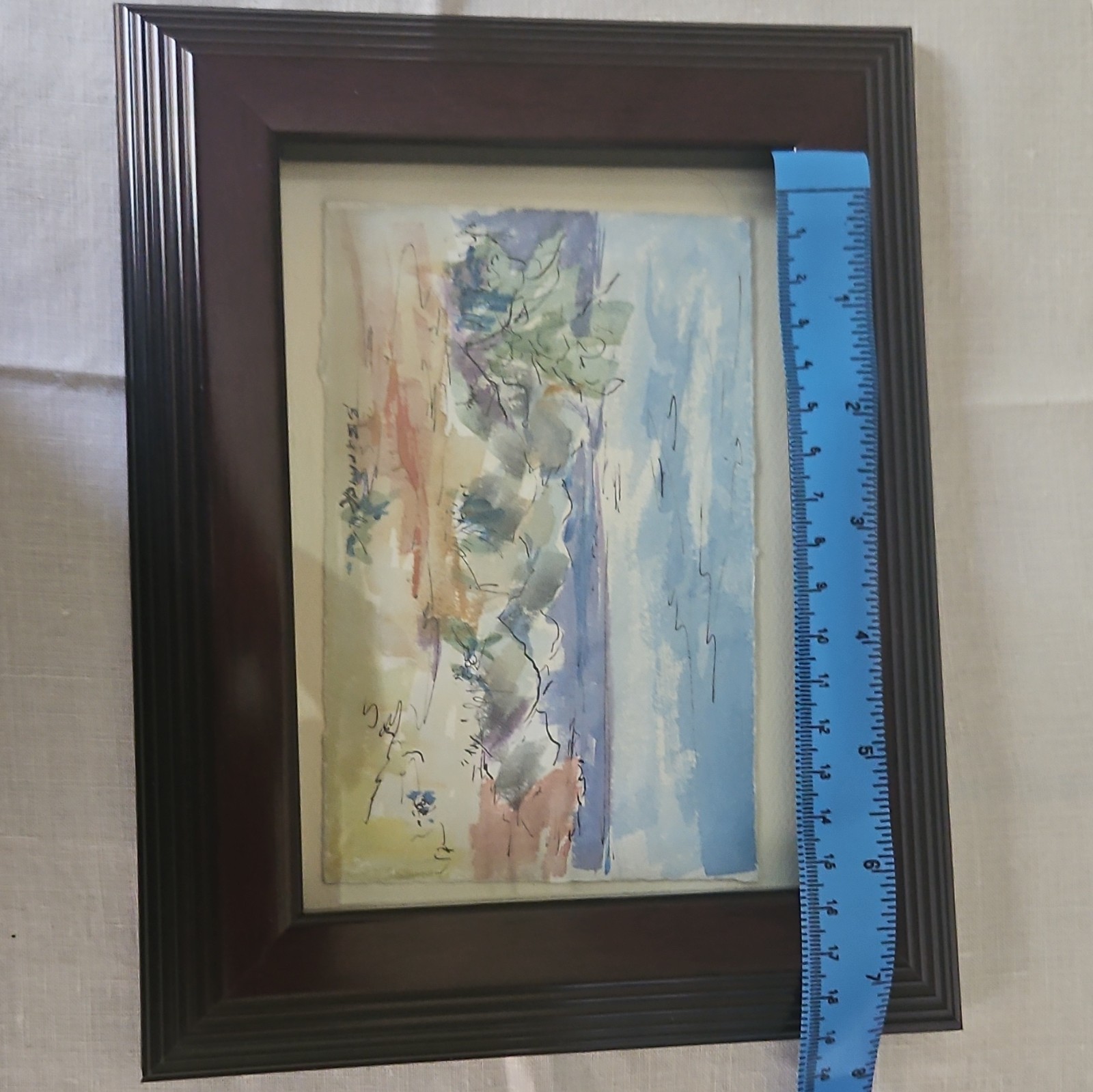 Signed Abstract Watercolor Landscape/Seascape Painting Paper, Matted & Framed