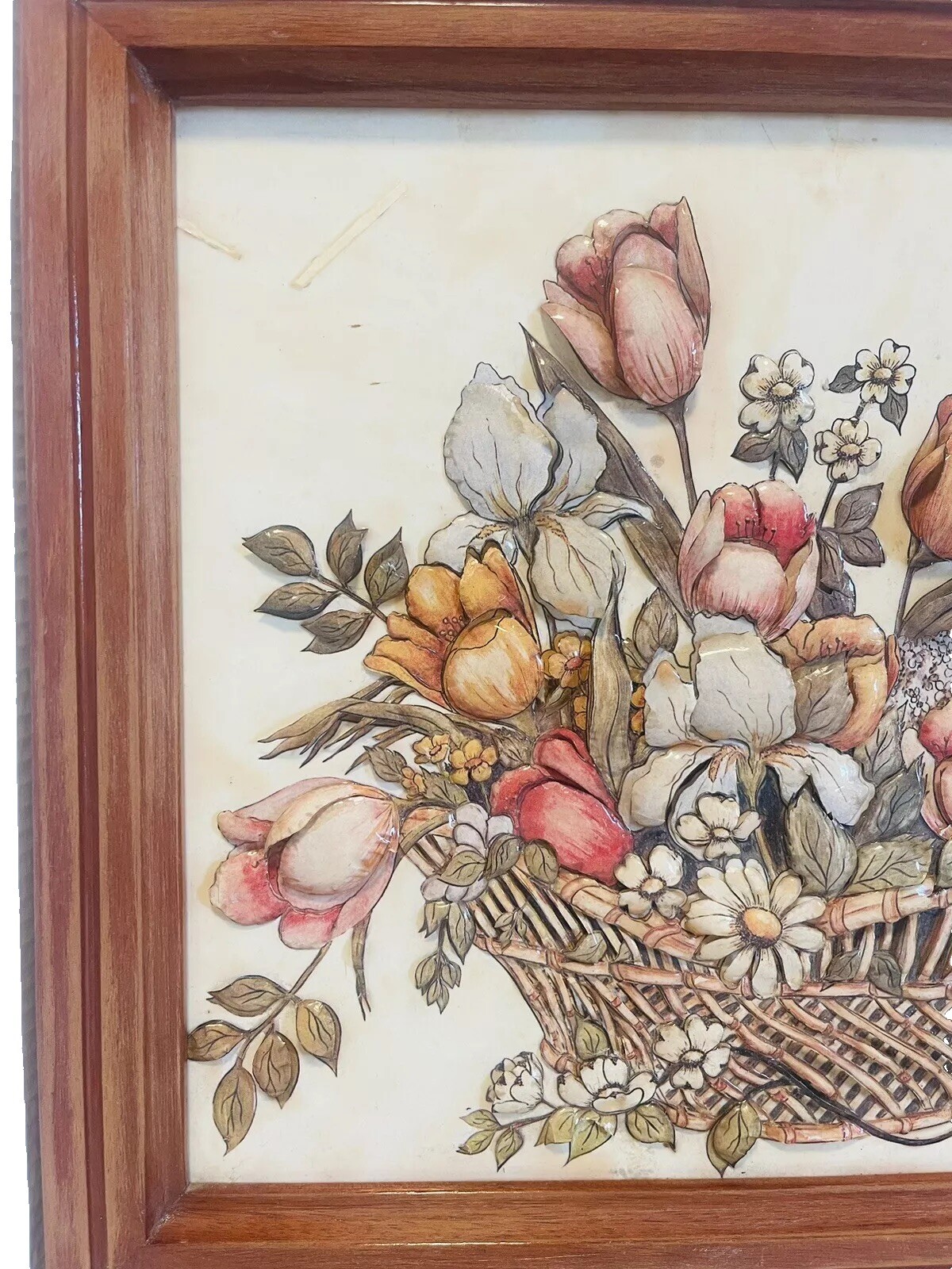 Still Life 3D Wood Framed Basket Of Flowers 20.5” X 15.5” Wall Art Floral