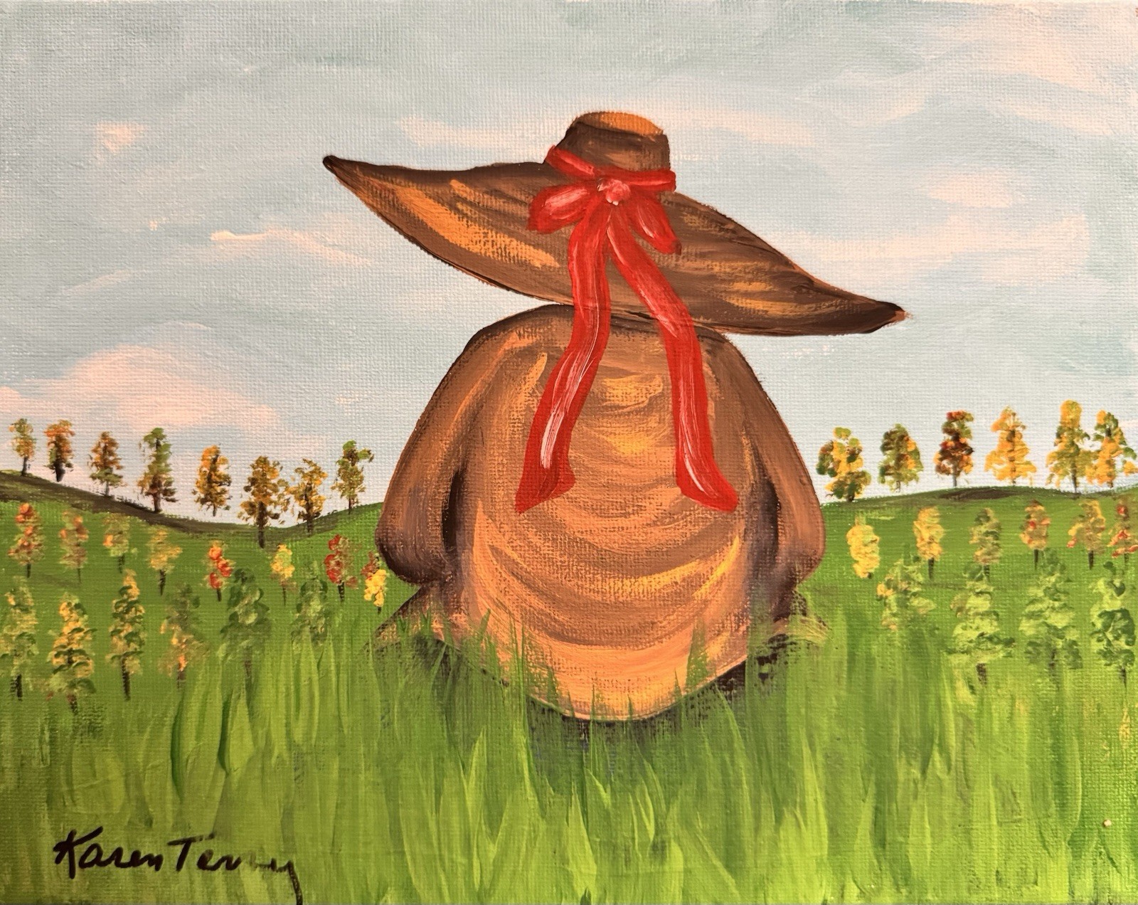 Acrylic Painting Of Woman Sitting In Field With Hat 8 in T x 10 W