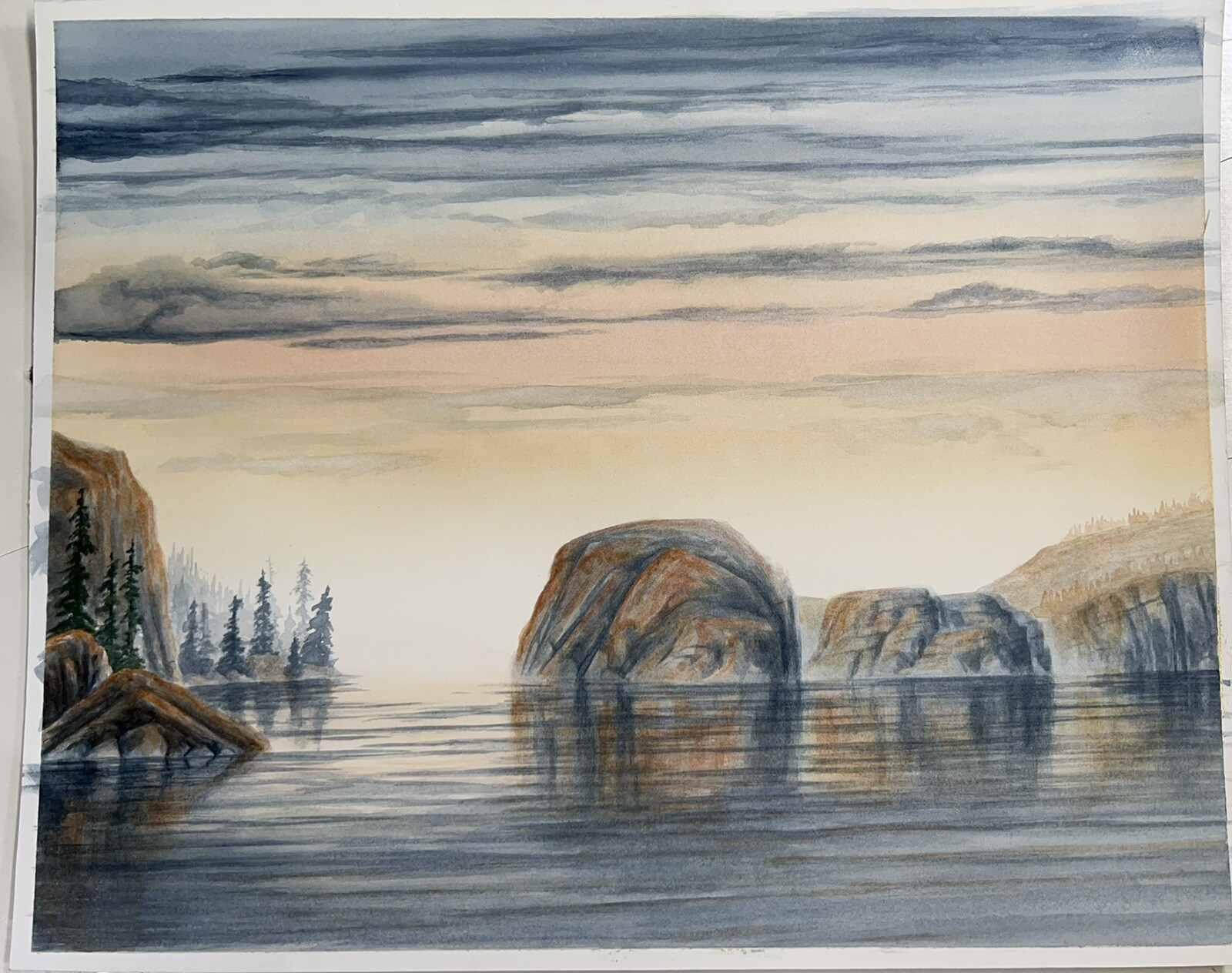 Colorful Sunset at Rocky Oregon Lake Watercolor Painting Robert Ficarra