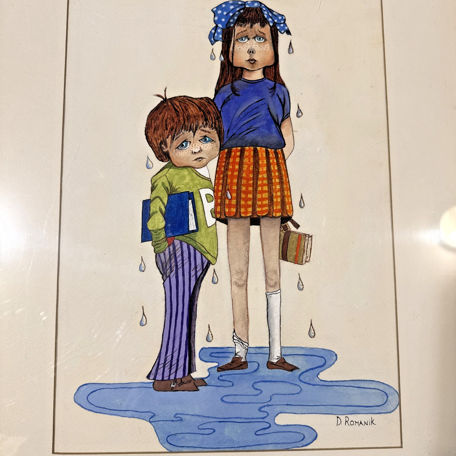 Vintage D. Romanik Signed Illustration Art – Big Eye Style Children in Rain