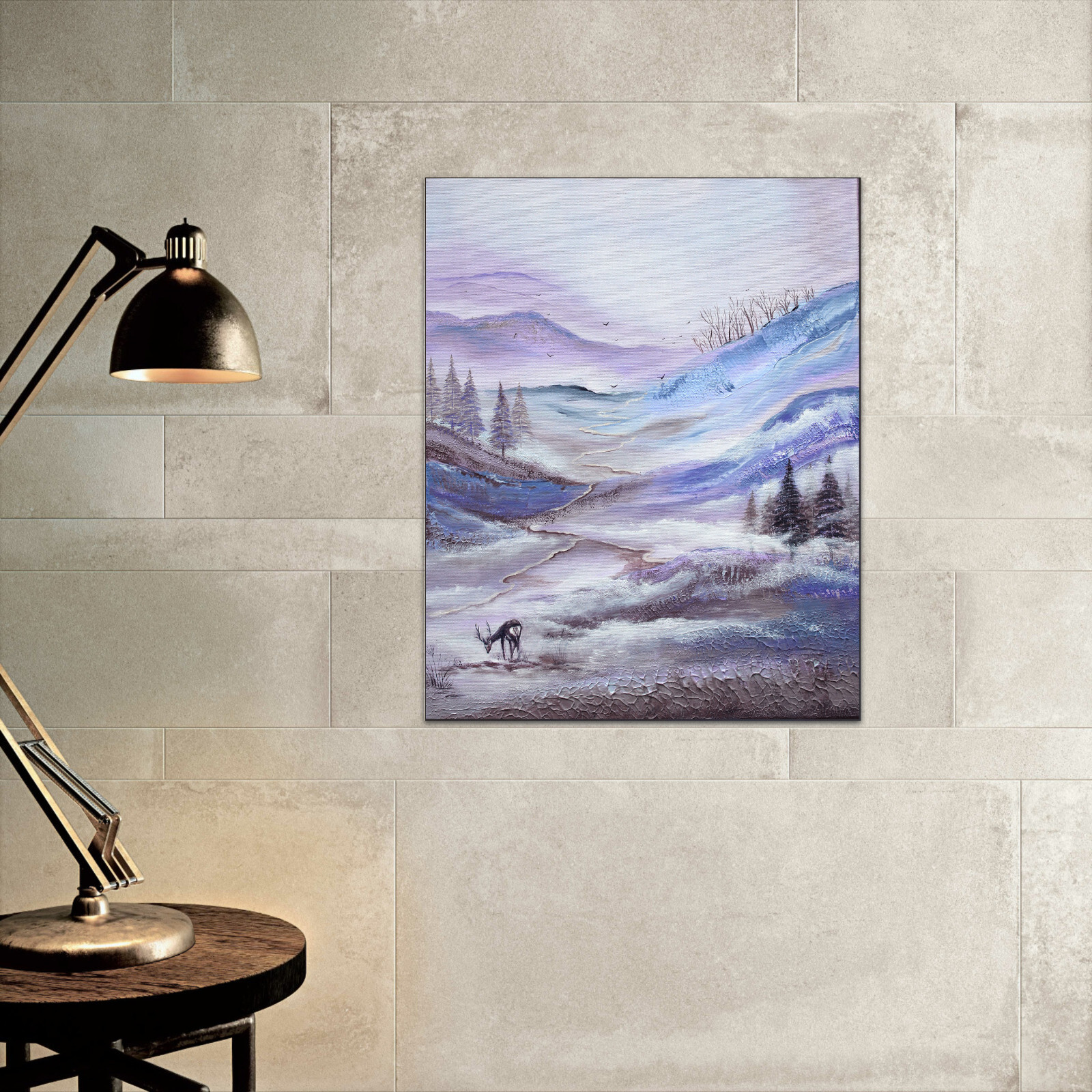 Blue purple landscape painting Deer wall art