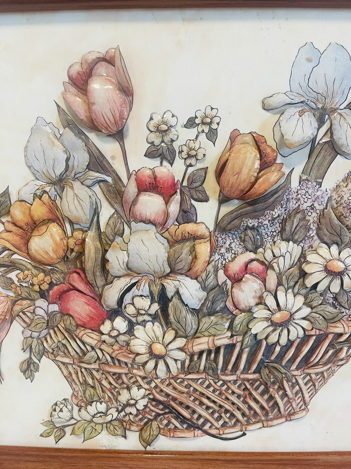 Still Life 3D Wood Framed Basket Of Flowers 20.5” X 15.5” Wall Art Floral