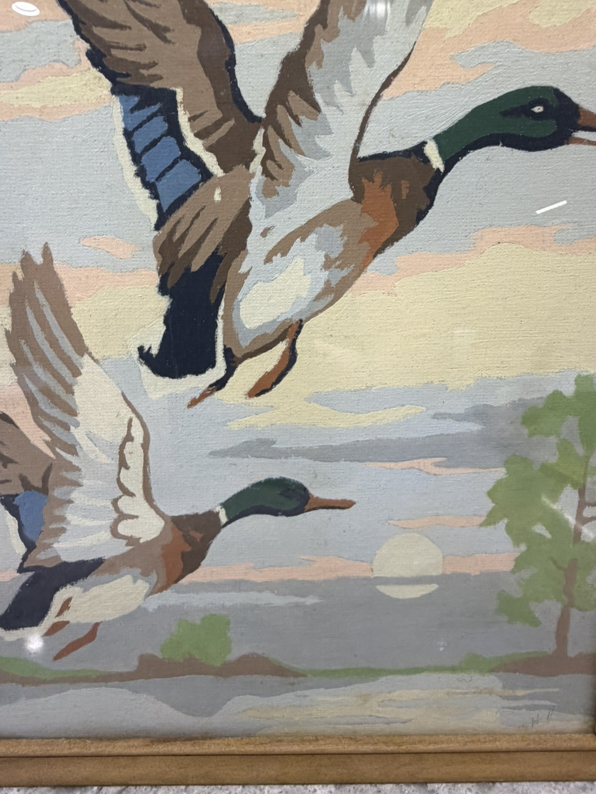 Mallards Ducks In Flight, Vintage, Wooden Framed Art Painting, Paint By Number.