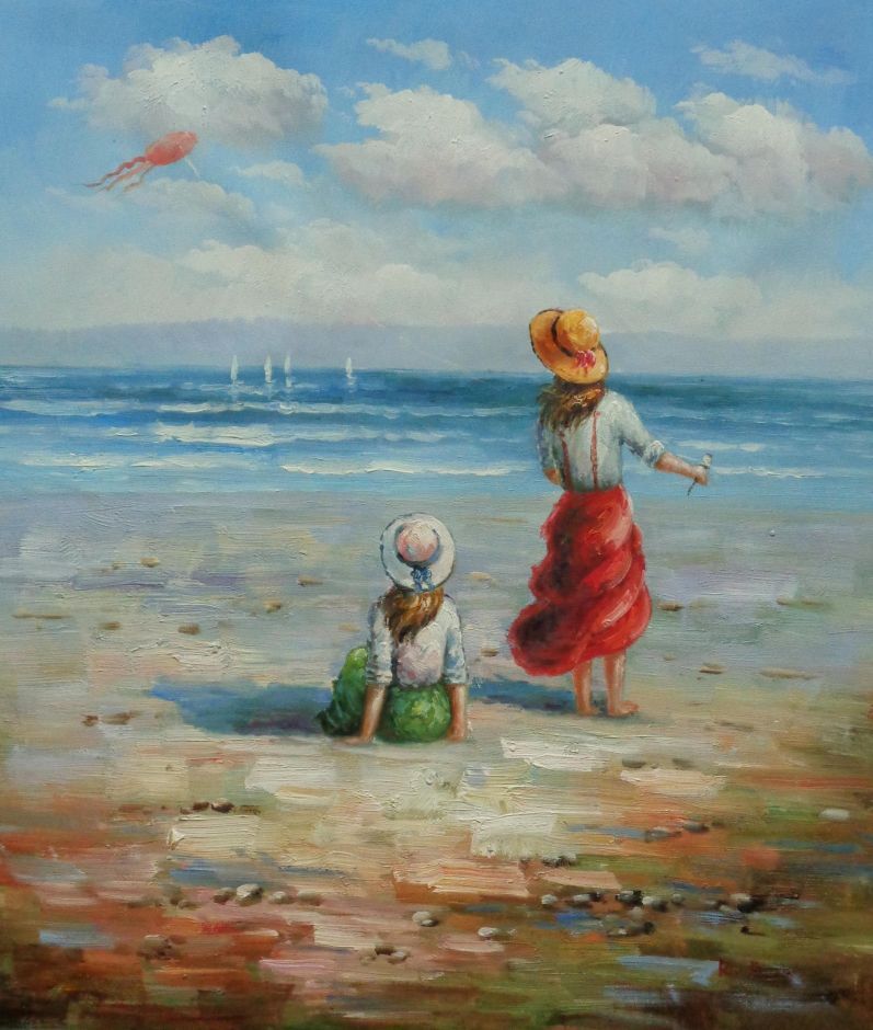 24×20 Young Girls Kite Flying Beach Cloudy Sky Blue Sea Boats Oil Painting