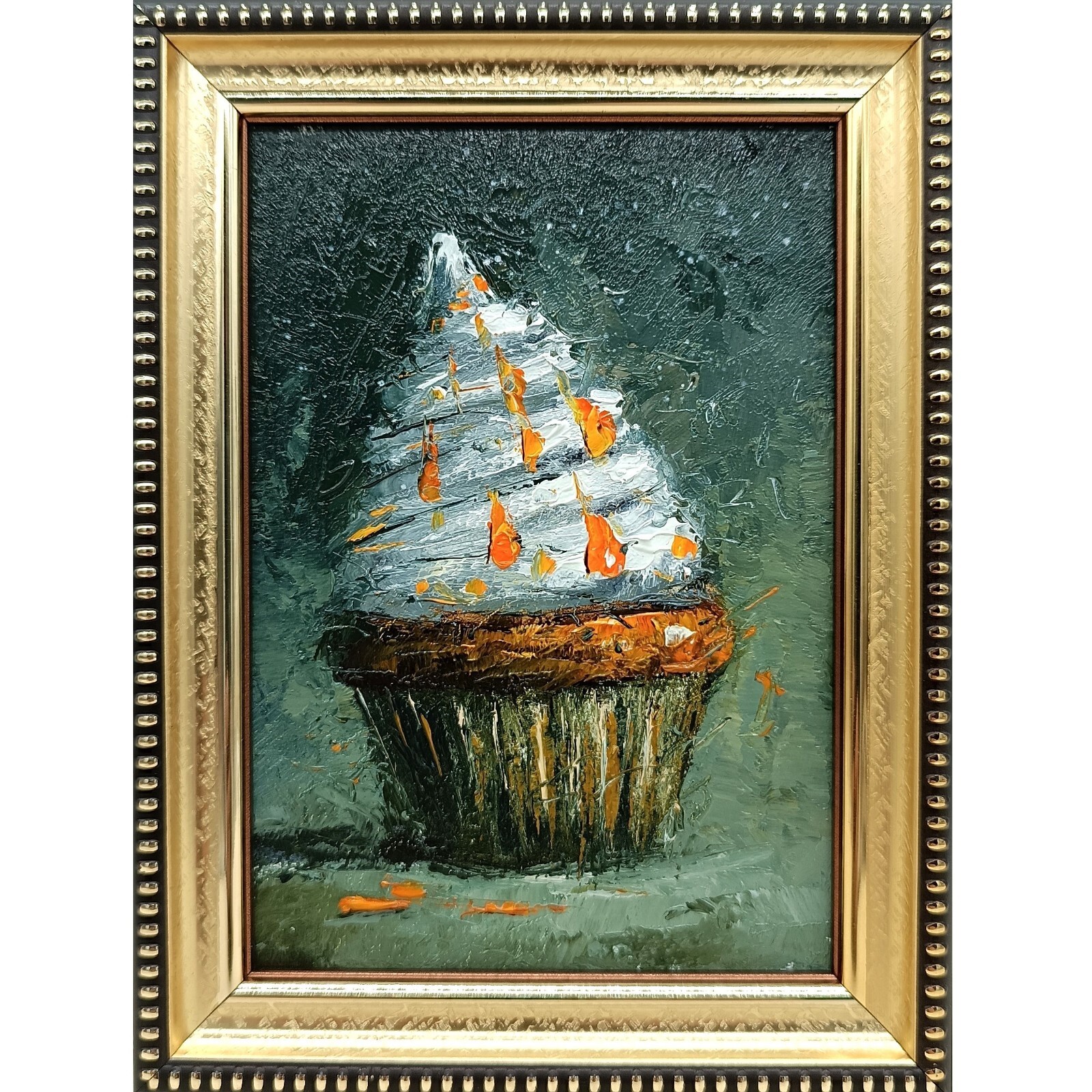 Cupcake Original Oil Painting 4×5 Framed Signed Cake Dessert Still Life Art