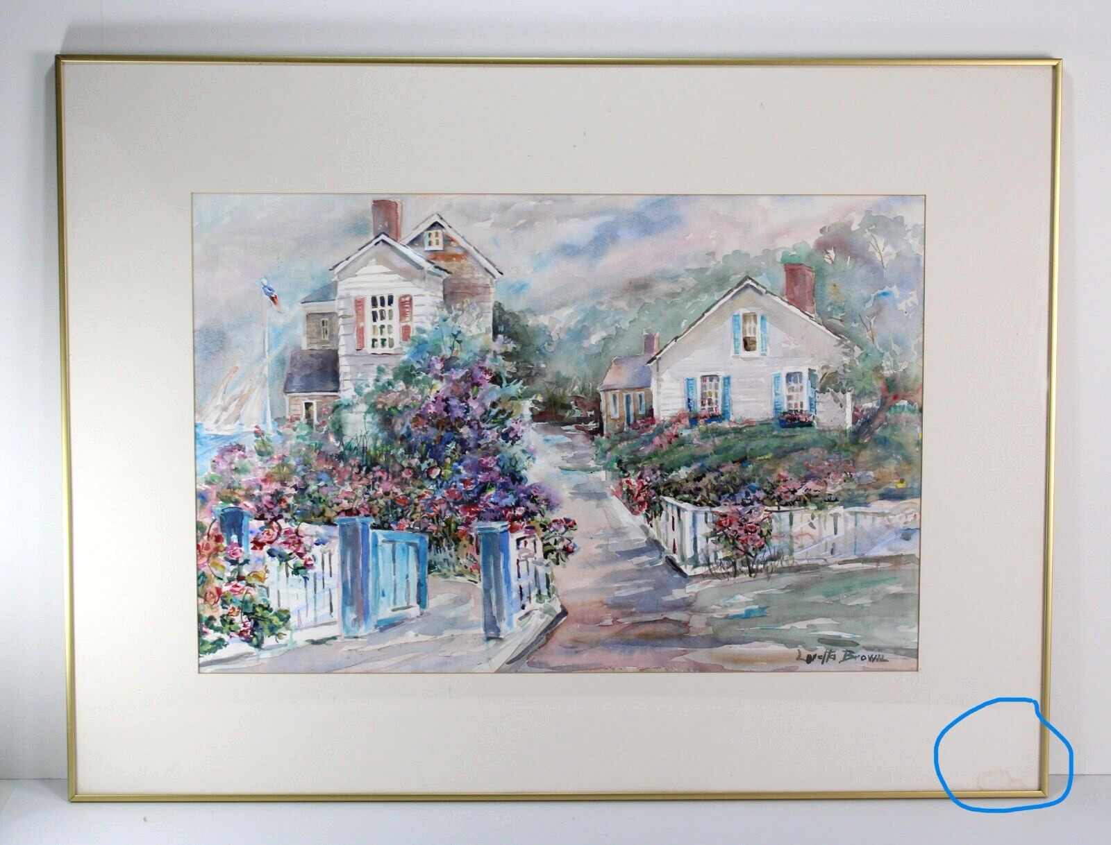 Lorretta Brown Cottage Garden Scene Watercolor Painting Signed Large Watercolor