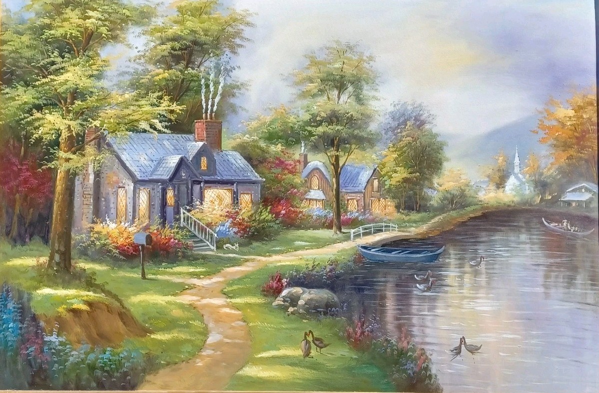 Cottage On The Lake Original Oil Painting Framed 38.5x27in C Jaffey?