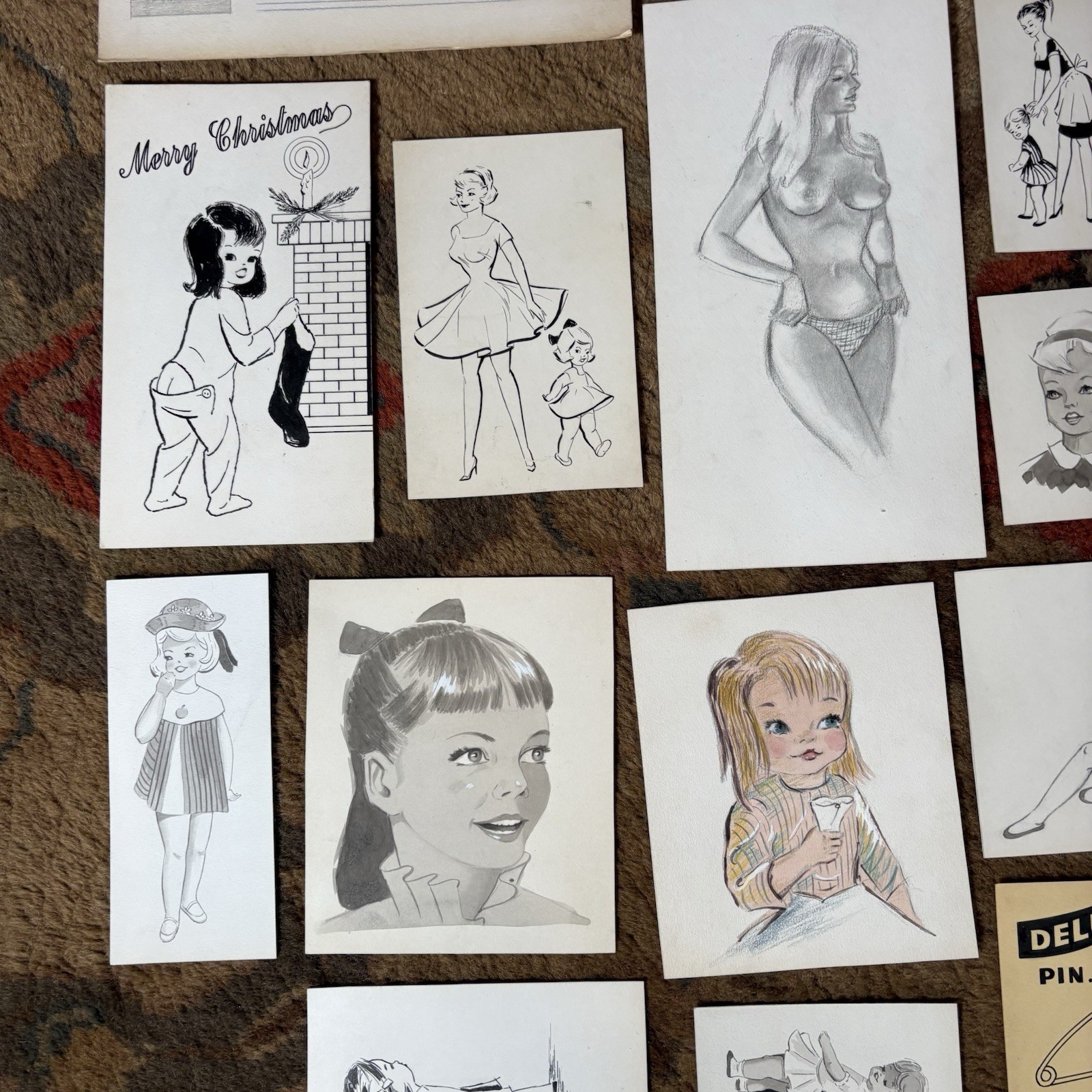 Vintage 1950’s Original Concept Art Hand Drawn Painted People Christmas Oriental