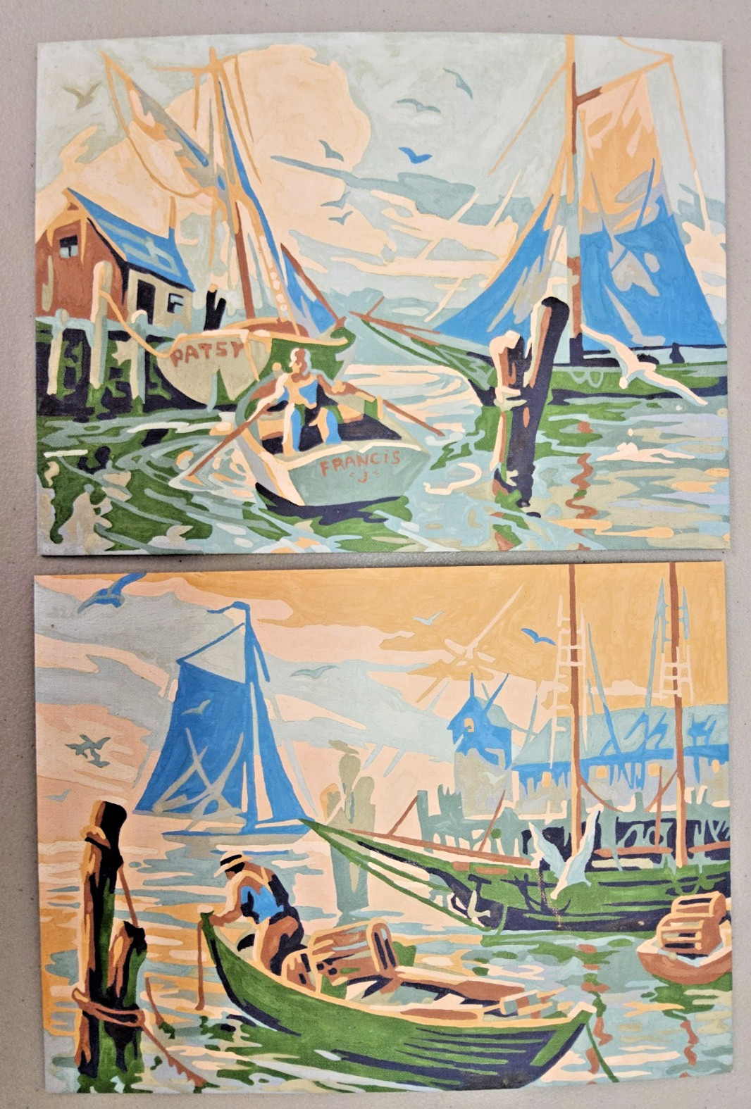 Vintage Paint By Number Nautical Harbor Scene Pair MCM Coastal Sailboat Unframed