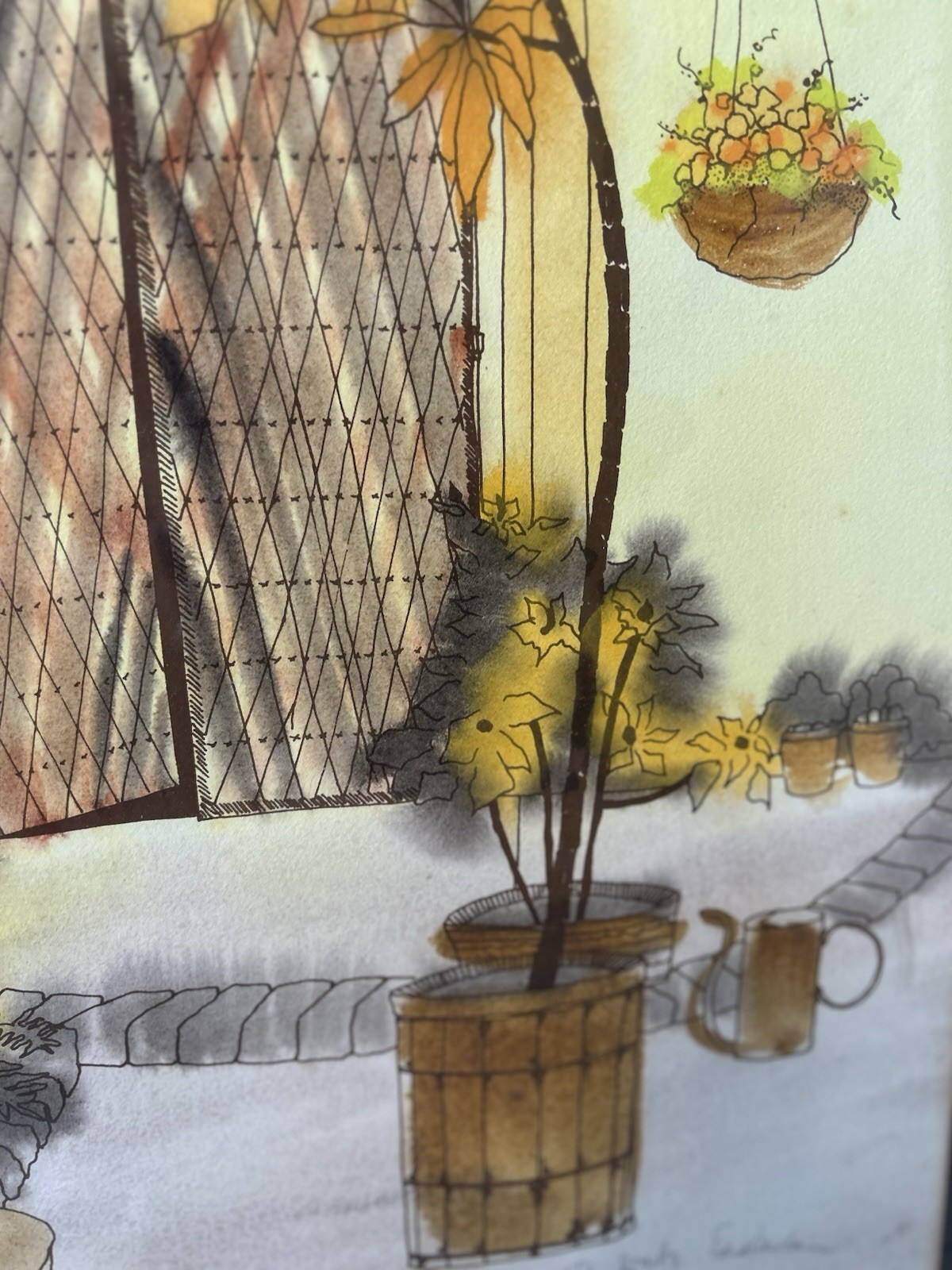 VNTG Babette Eddleston Watercolor Serigraph Hand Tinted In Yellow Frame
