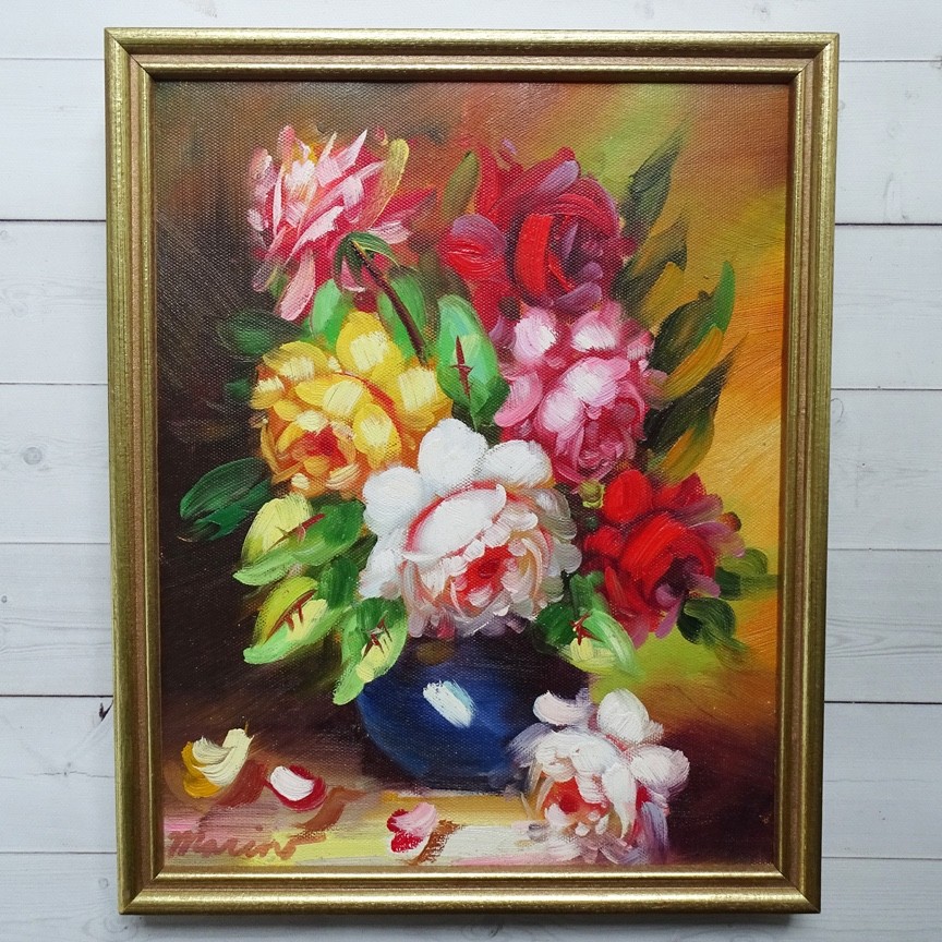 Miniature Floral Still Life Oil Painting PEONIES Signed Marin Framed 10.75×8.75