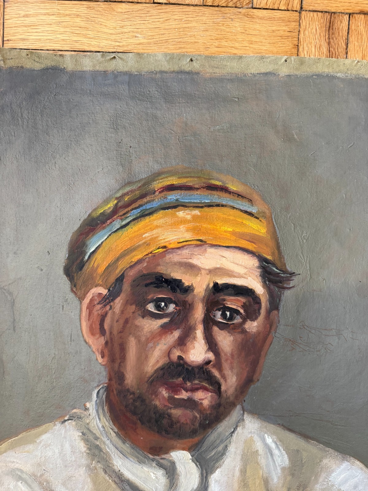 Vintage C.1940 Portrait Oil on Canvas Man Yellow Hat Attr Jean Schweckler 21×15