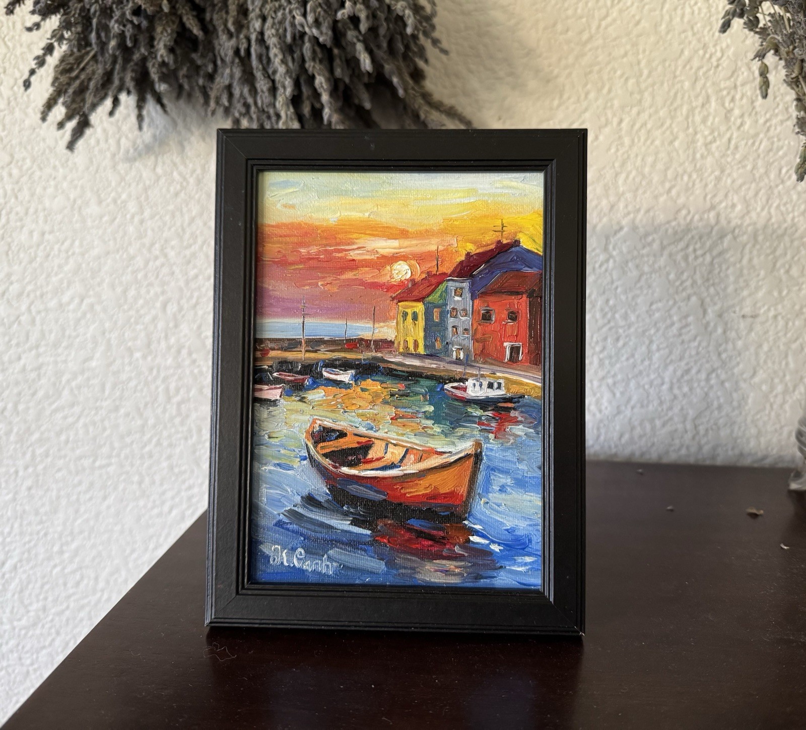 ORIGINAL OIL PAINTING SUNSET SEASCAPE LANDSCAPE SIGNED FRAMED 5×7
