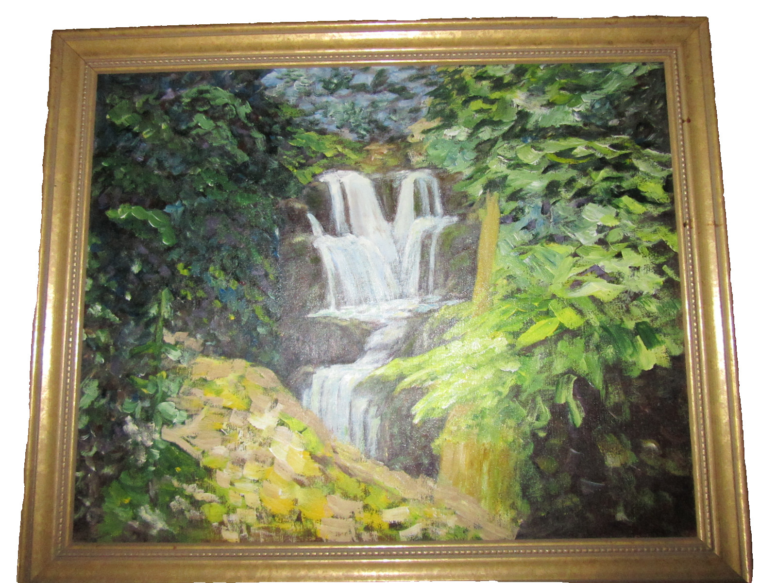 Impressionist mountain river waterfall landscape original oil painting vintage