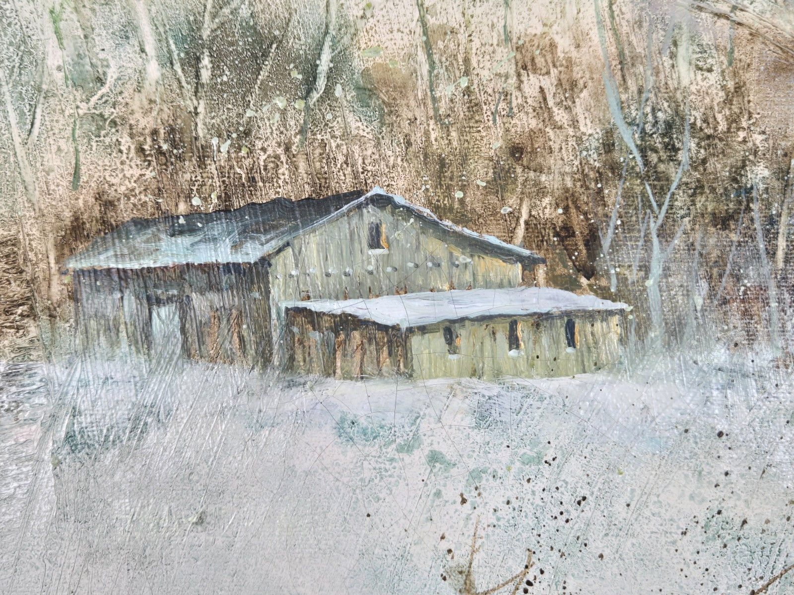Jim Sloan original winter landscape oil painting on canvas, wagon, farm/barn