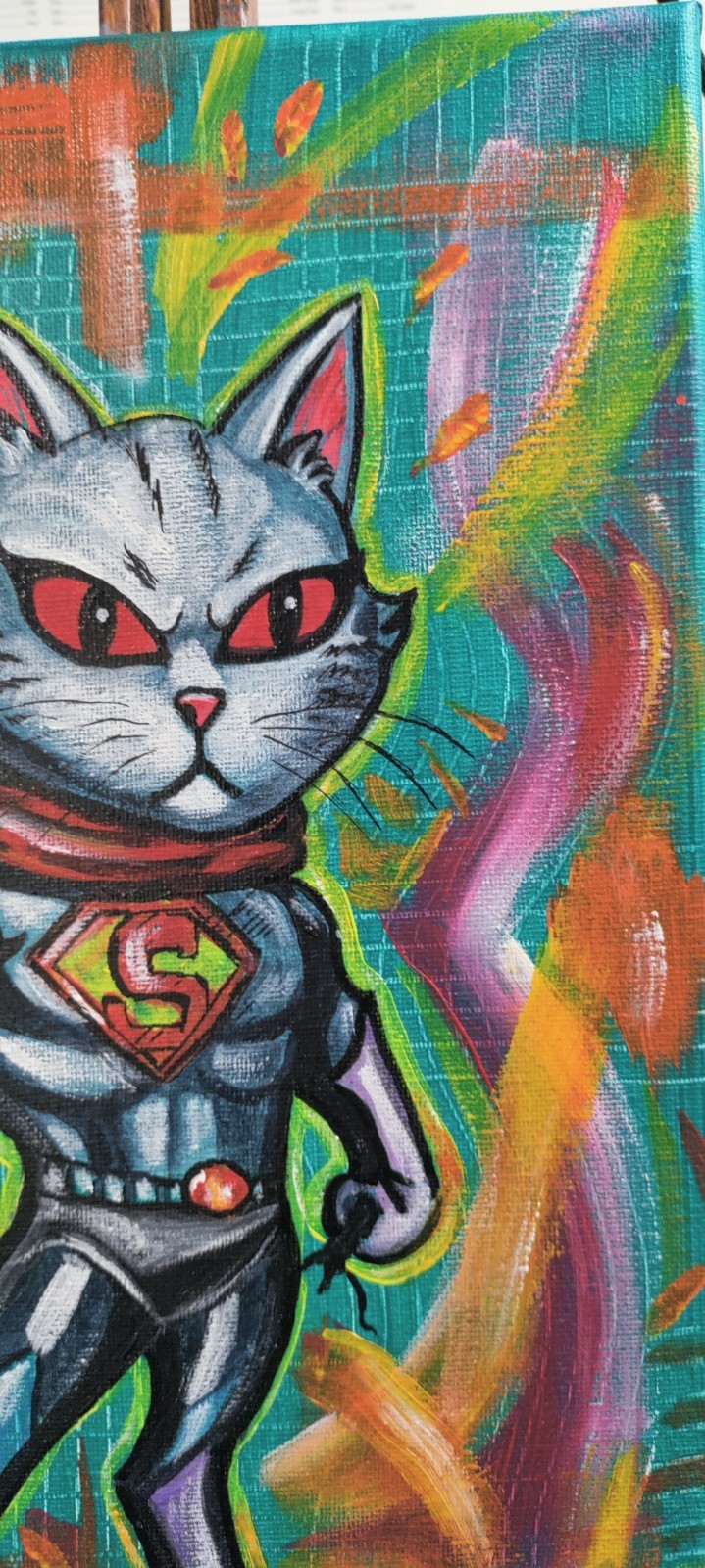Original Expressionist Super Ultra Cat 9 x 12 Acrylic Canvas Art Painting
