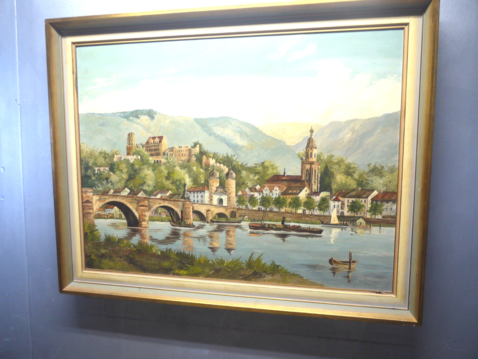 1960 German Landscape Heidelberg Bridge CASTLE Oil PAINTING Signed Kretschmar ?