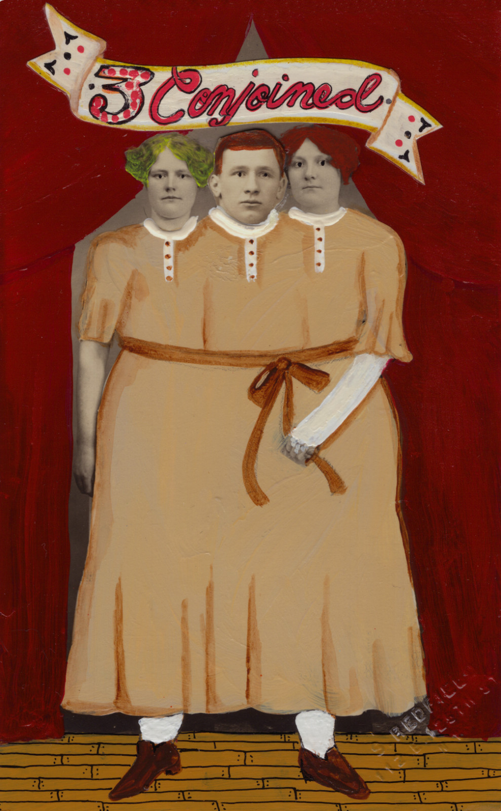 Original Folk Art Painting on Vintage Photograph – Circus Sideshow Altered Photo