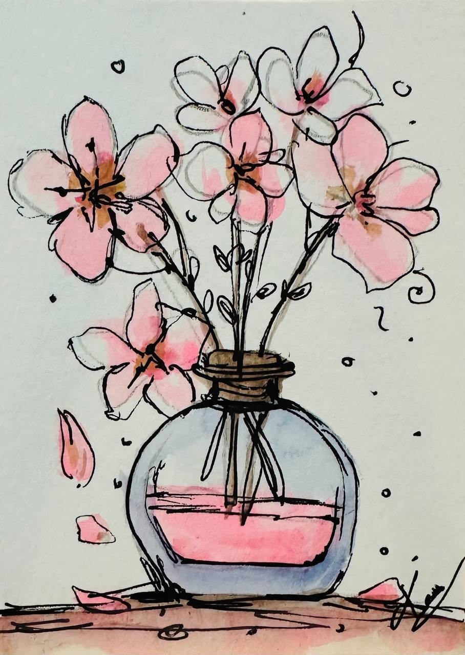 Original Watercolor Pink Flowers in Glass Vase ACEO Floral Mini Painting OOAK