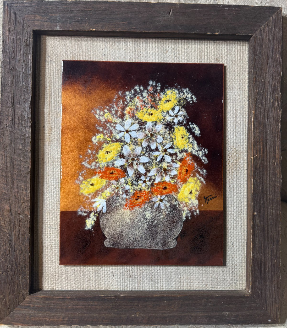 Terri Oullette “A Floral Scene” Enamel On Copper Painting – Signed And Framed