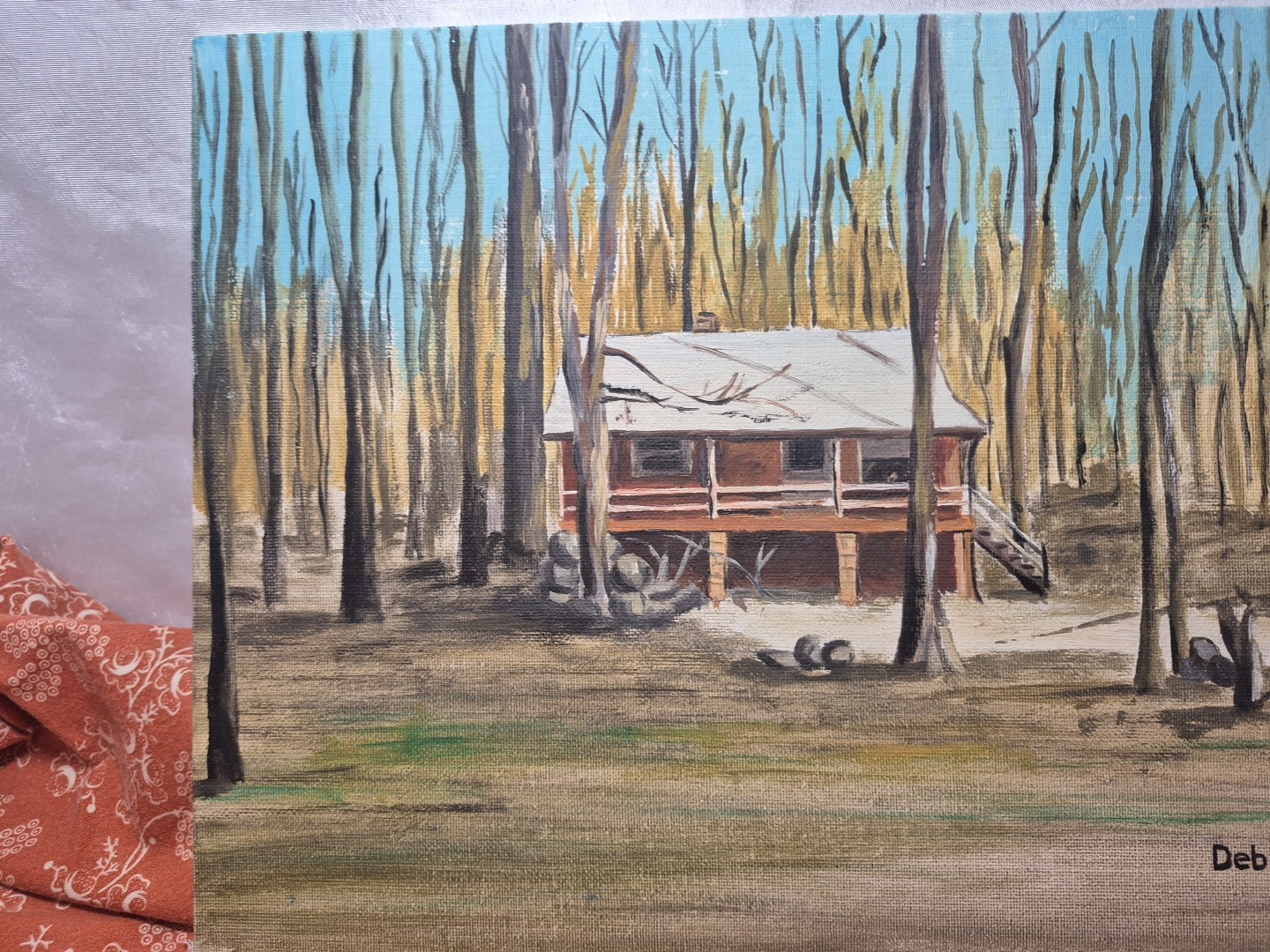 Vintage-Style Acrylic painting on Panel Depicting a Cabin Scene 9″ X 12″