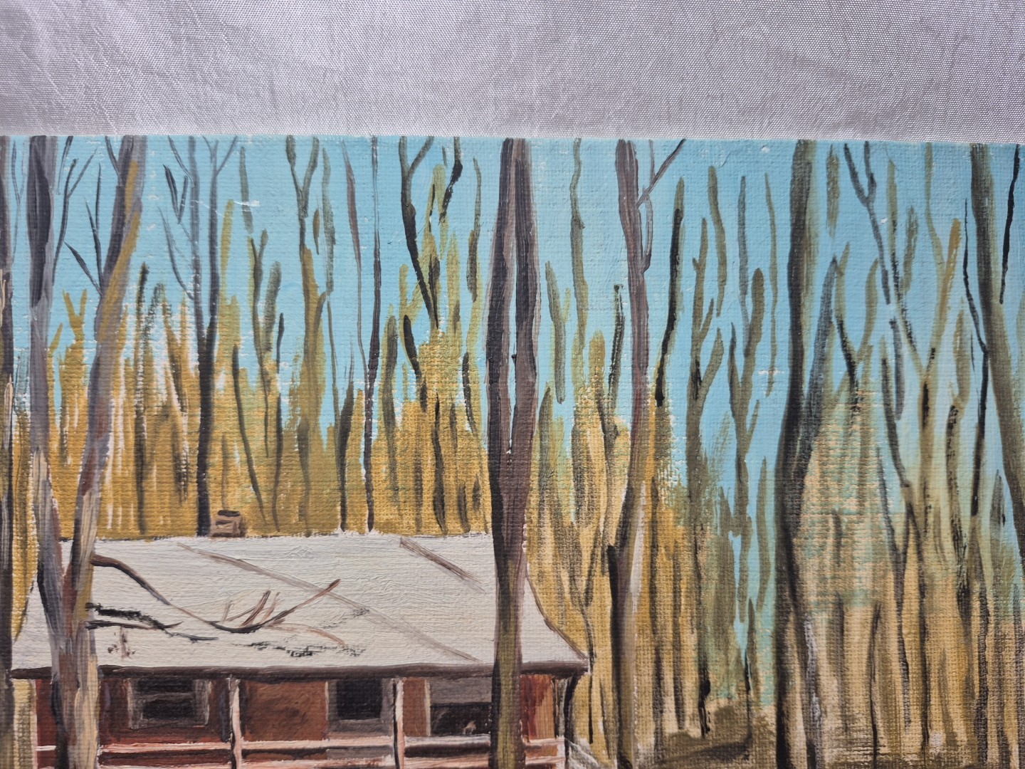 Vintage-Style Acrylic painting on Panel Depicting a Cabin Scene 9″ X 12″